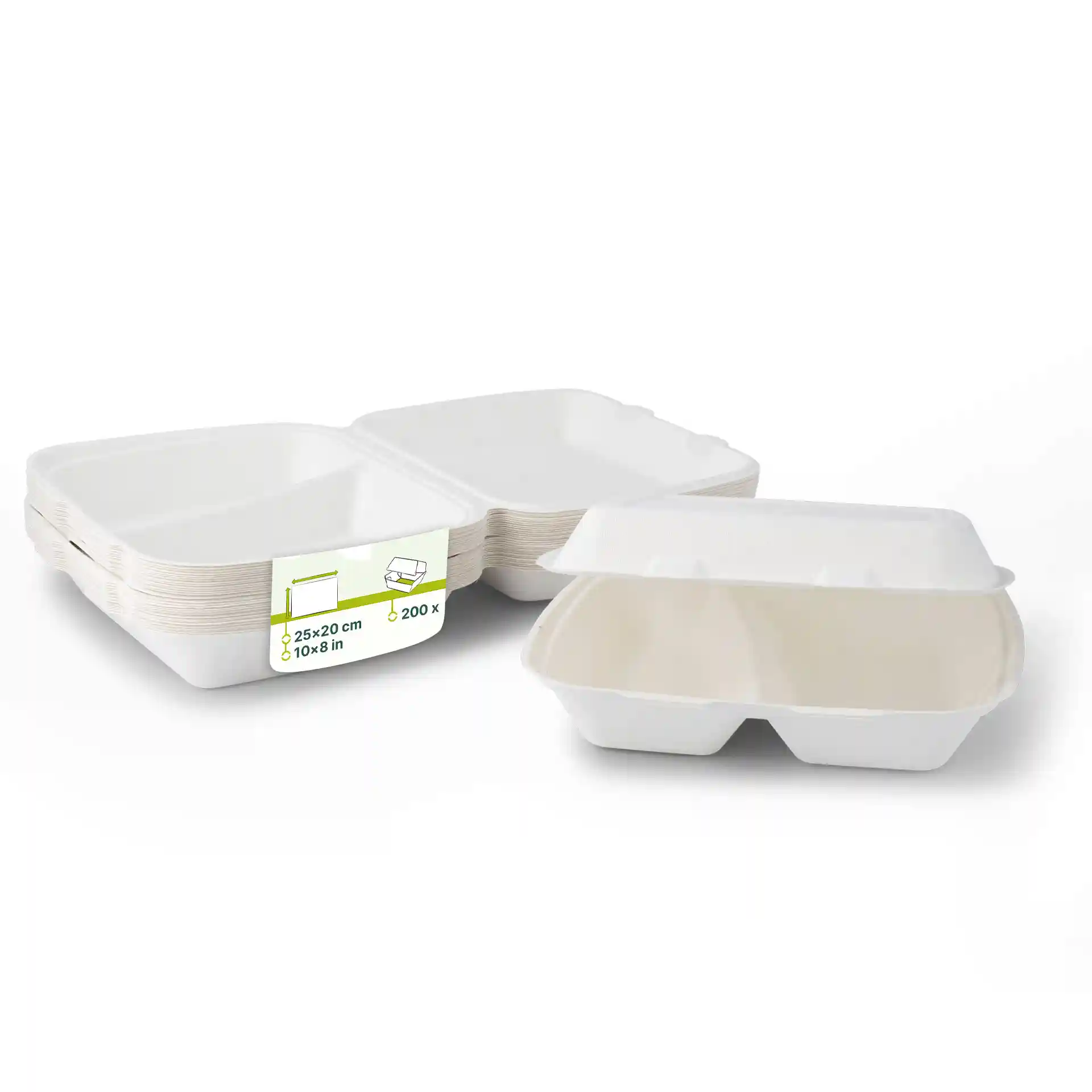 Contenitori per menu rettangolari bianchi in canna da zucchero con coperchi a cerniera, due scomparti e un'etichetta con dimensioni e quantità.