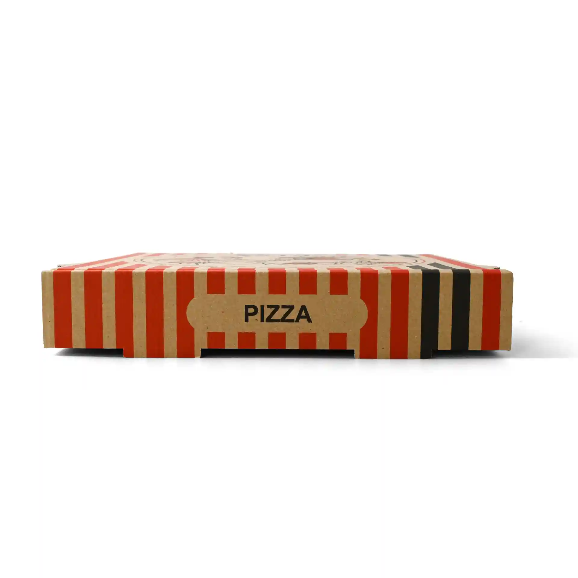 Scatola di pizza in cartone con base marrone e design a righe rosse, etichettata "PIZZA", misura 28 x 28 x 4 cm.