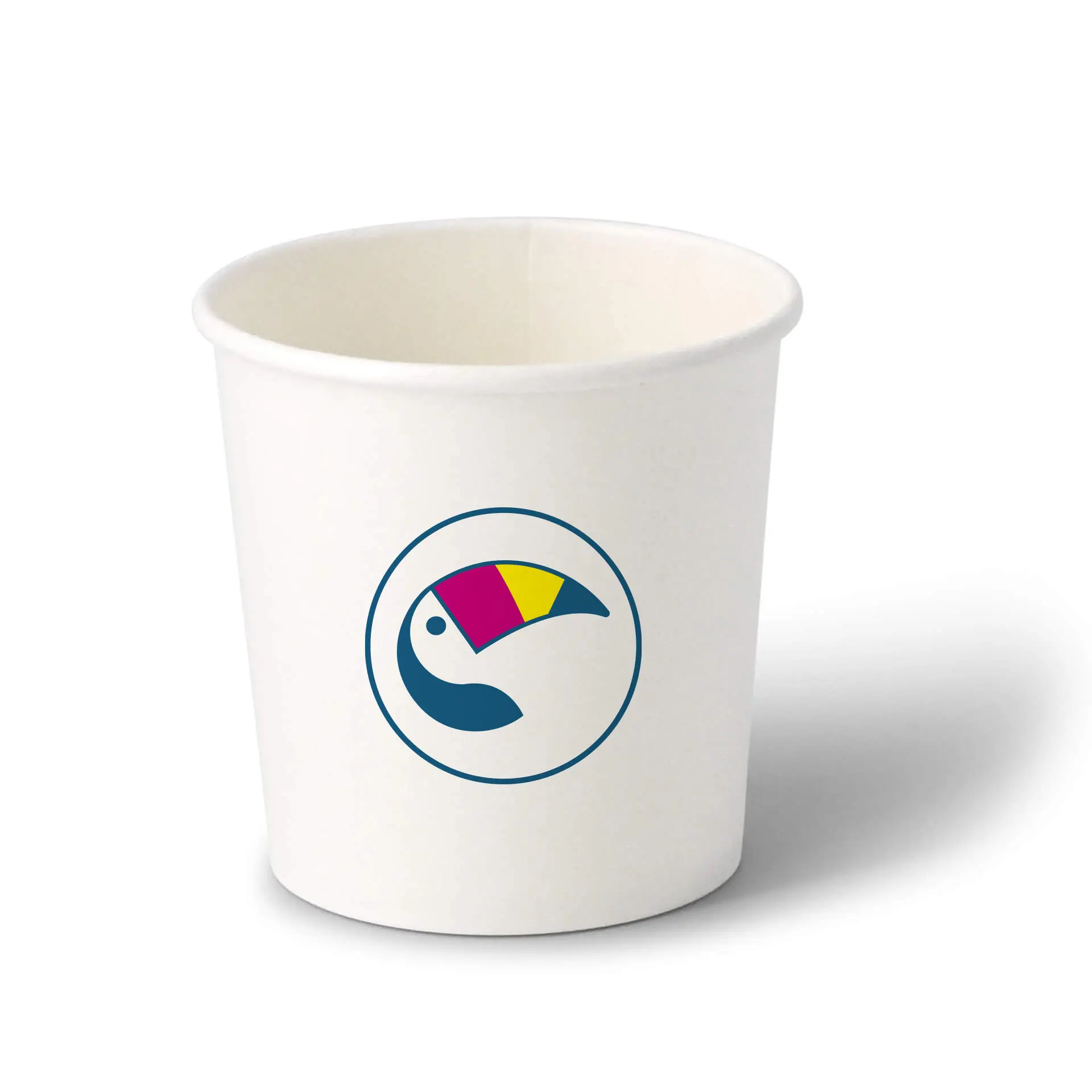 Cup bianco per gelato con logo colorato di tucano, progettato per gelaterie, capacità di 300 ml (12 oz).