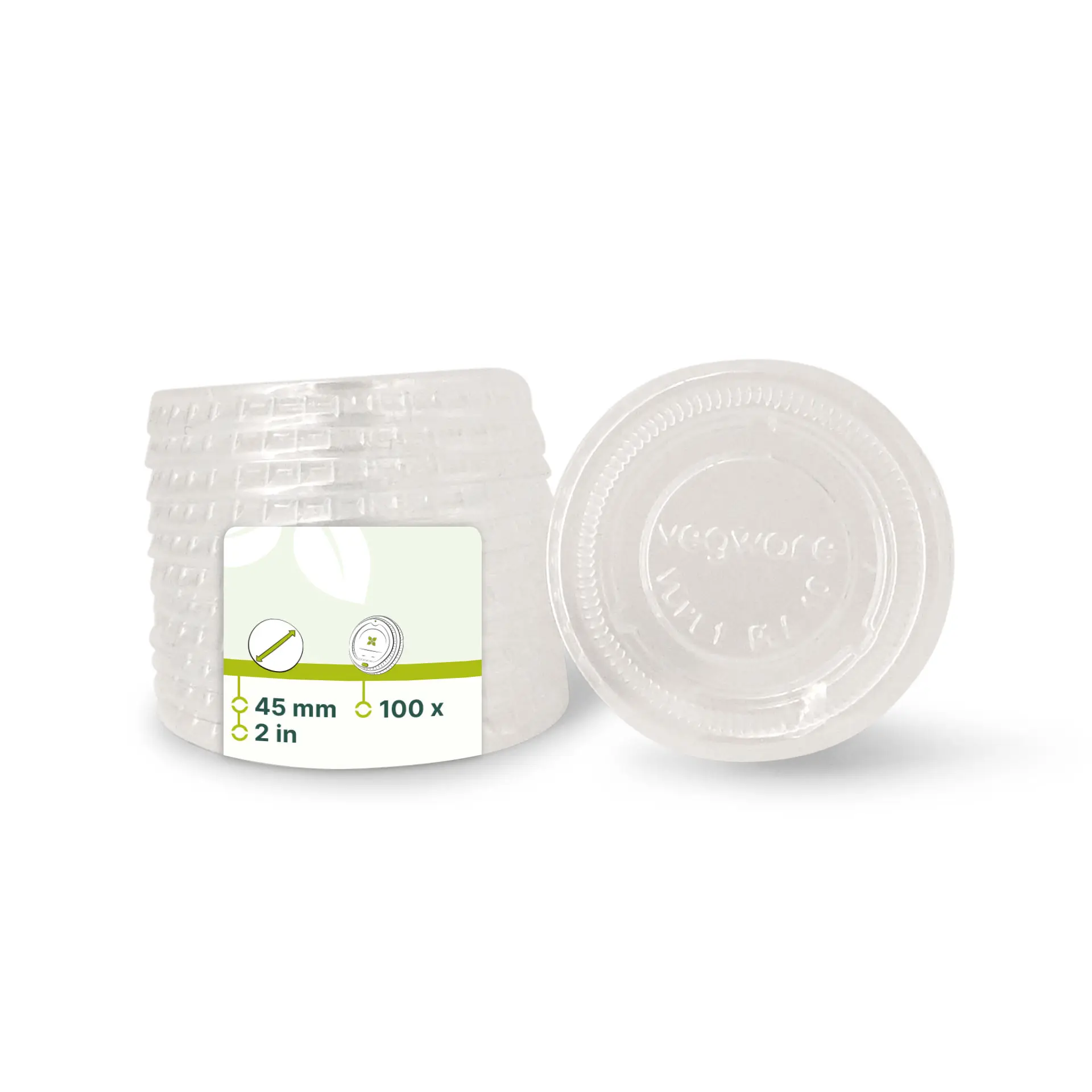 Coperchio in PLA trasparente di forma rotonda, progettato per mini tazze bio, mostrato con coperchi aggiuntivi dietro.