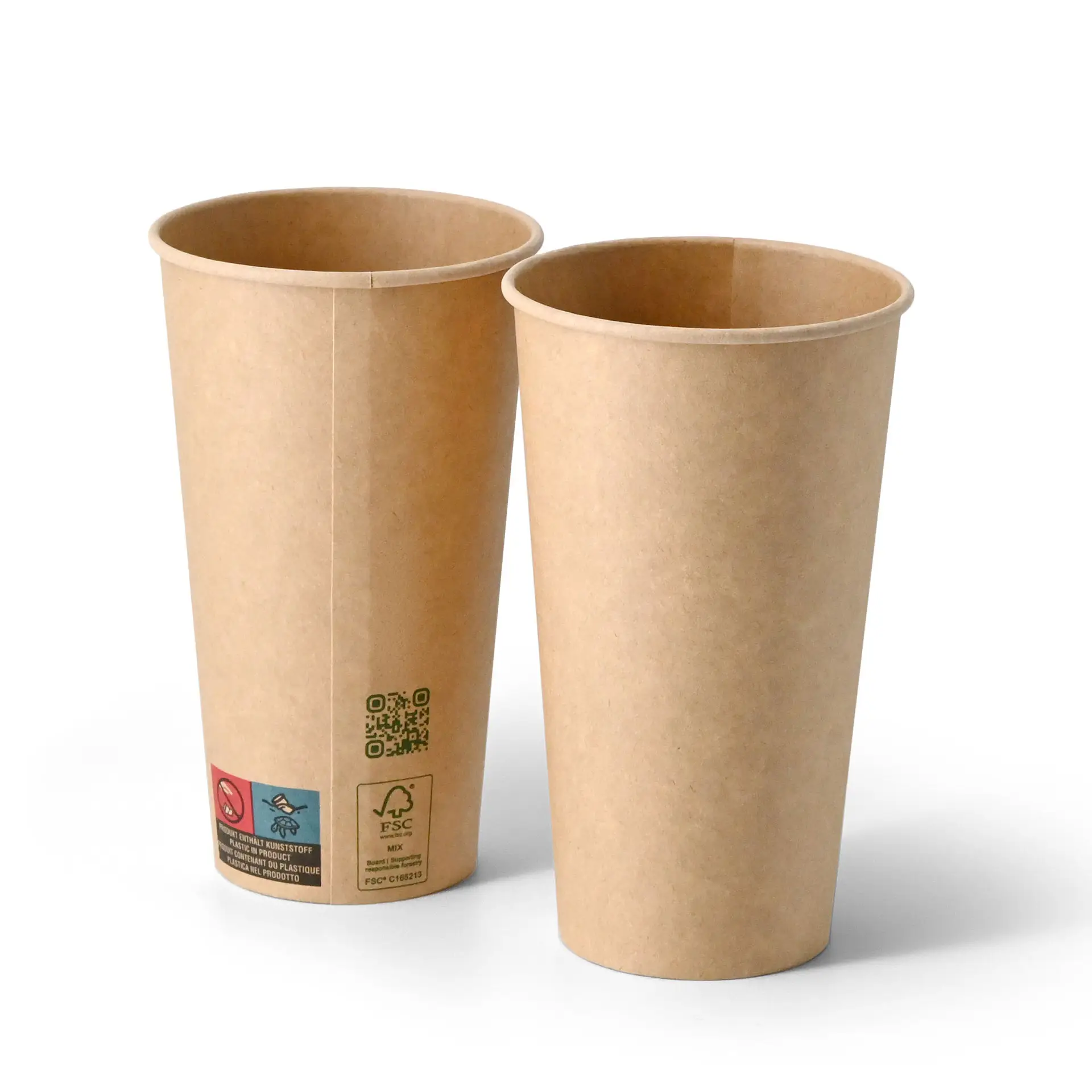 Bicchieri di carta marroni a parete singola, 500 ml, con rivestimento PLA per bevande calde e fredde, con codice QR e etichette di sostenibilità.