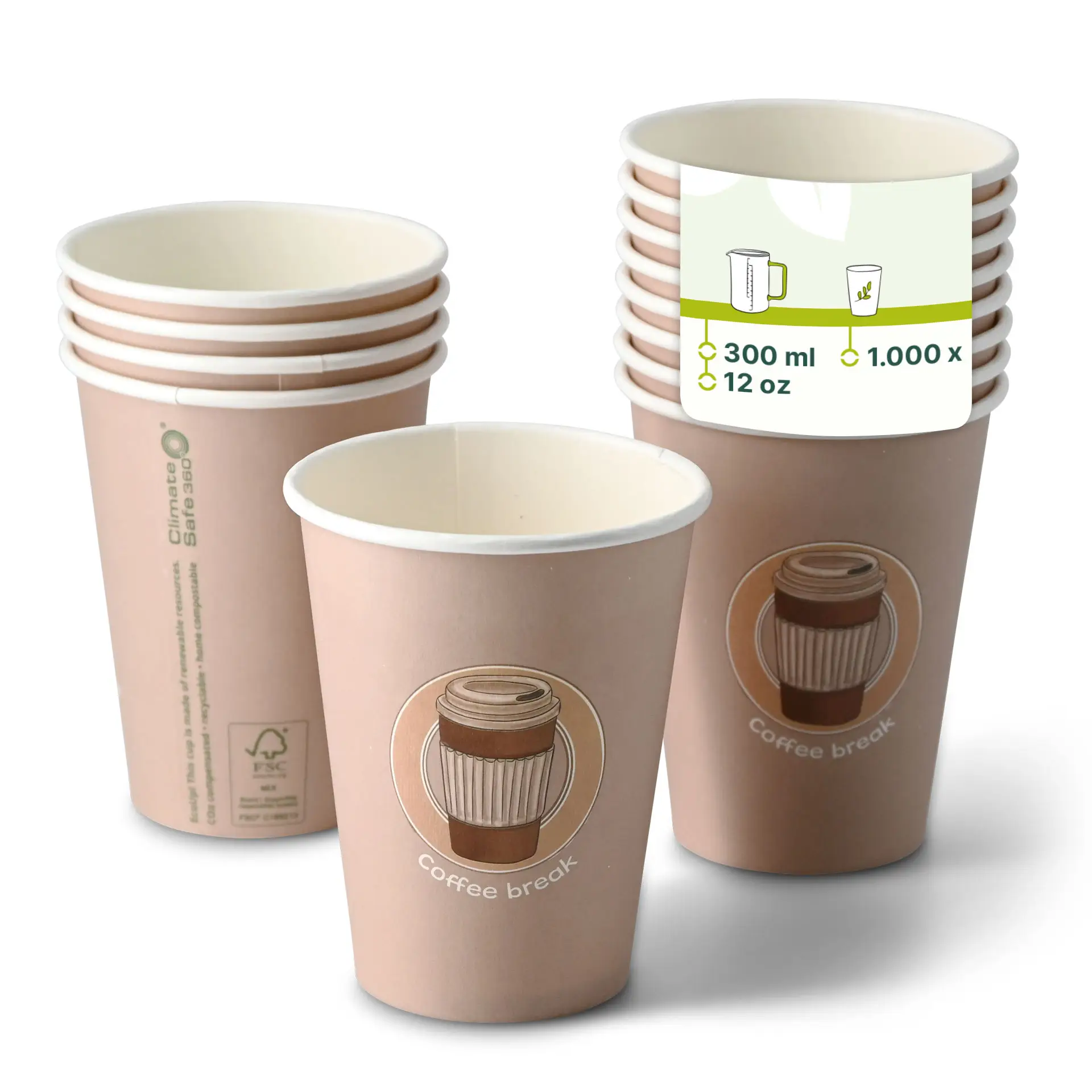 Pappbecher bedruckt "Coffeebreak" 300 ml / 12 oz, Ø 80 mm, weiß