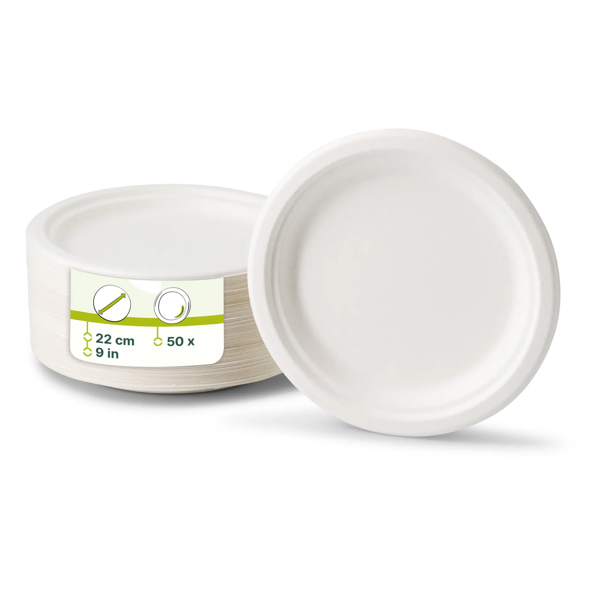 Un piatto rotondo bianco in canna da zucchero, di 22 cm di diametro; piatti simili visibili sullo sfondo.