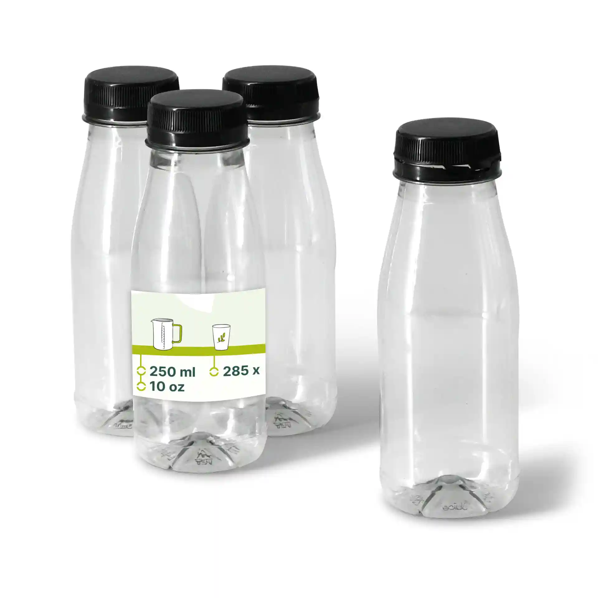 Bottiglie rPET trasparenti con tappi neri, capacità di 250 ml, quattro bottiglie mostrate, una con etichetta.