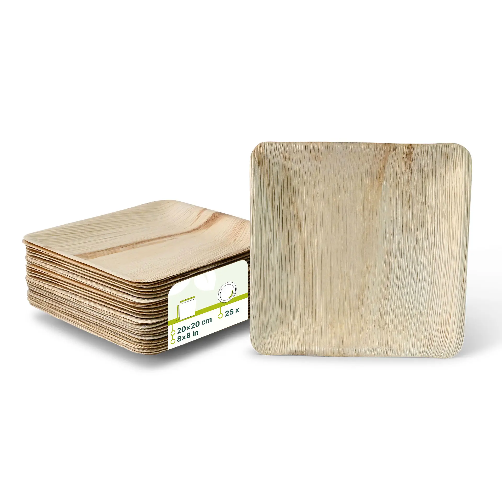 Piatto quadrato in foglia di palma, 20 x 20 cm, con bordo per salsa sottile; impilabile, leggero e realizzato con materiali naturali.