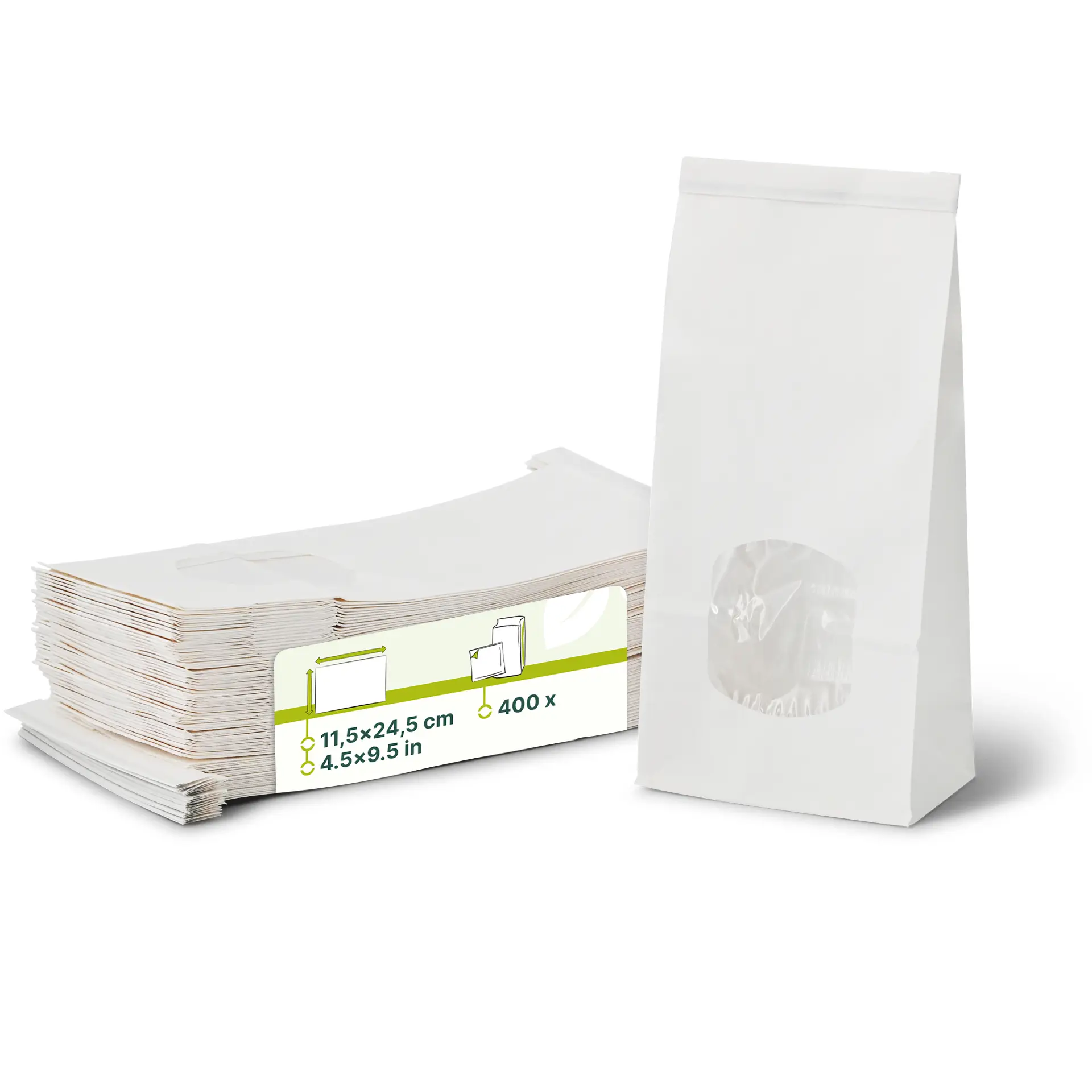 Blockbeutel m. Fenster M, 11,5 x 7 x 24,5 cm, PP-Folie, weiß, Clipband, Kraftpapier