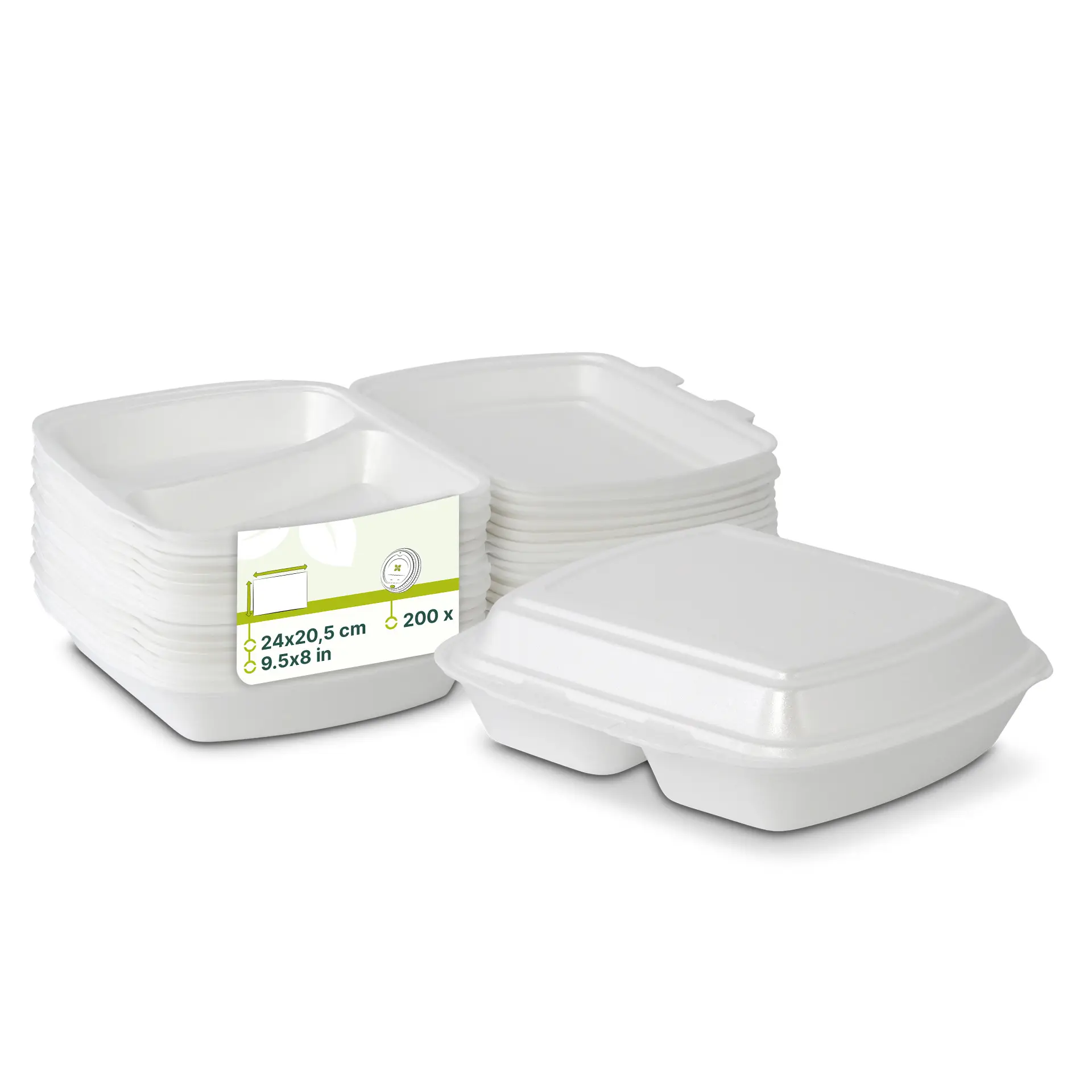 Pila di contenitori da asporto bianchi con etichetta, mostra 200 unità di dimensione 24 x 20,5 cm.