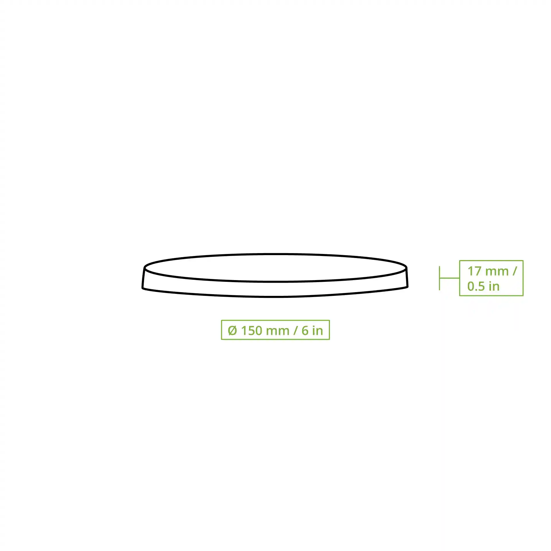 Disegno schematico di un coperchio rotondo per bicchiere con un diametro di 150 mm e un'altezza di 17 mm.