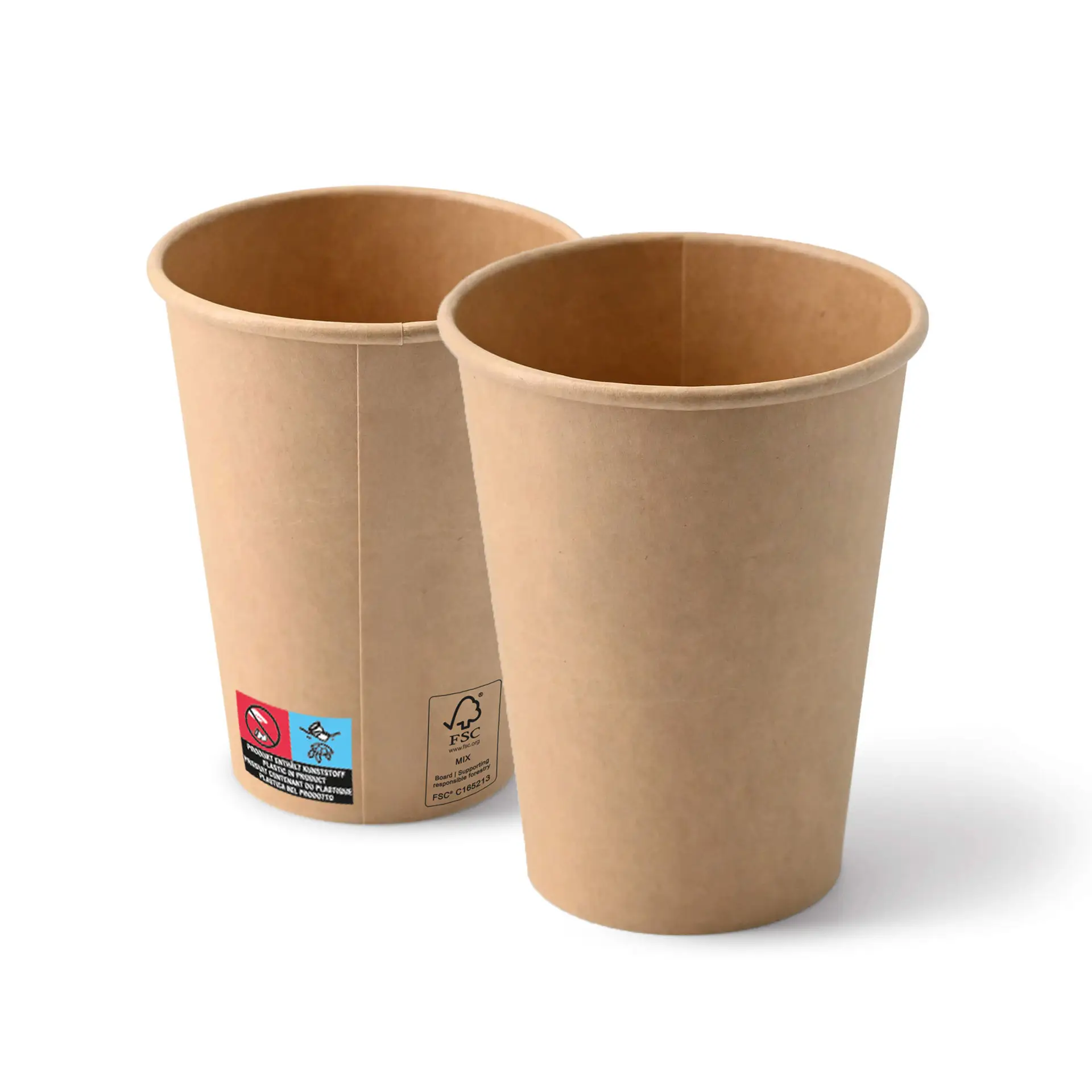 Bicchieri di carta marroni da 12 oz con forma rotonda, mostrano due bicchieri e etichette visibili su un bicchiere.