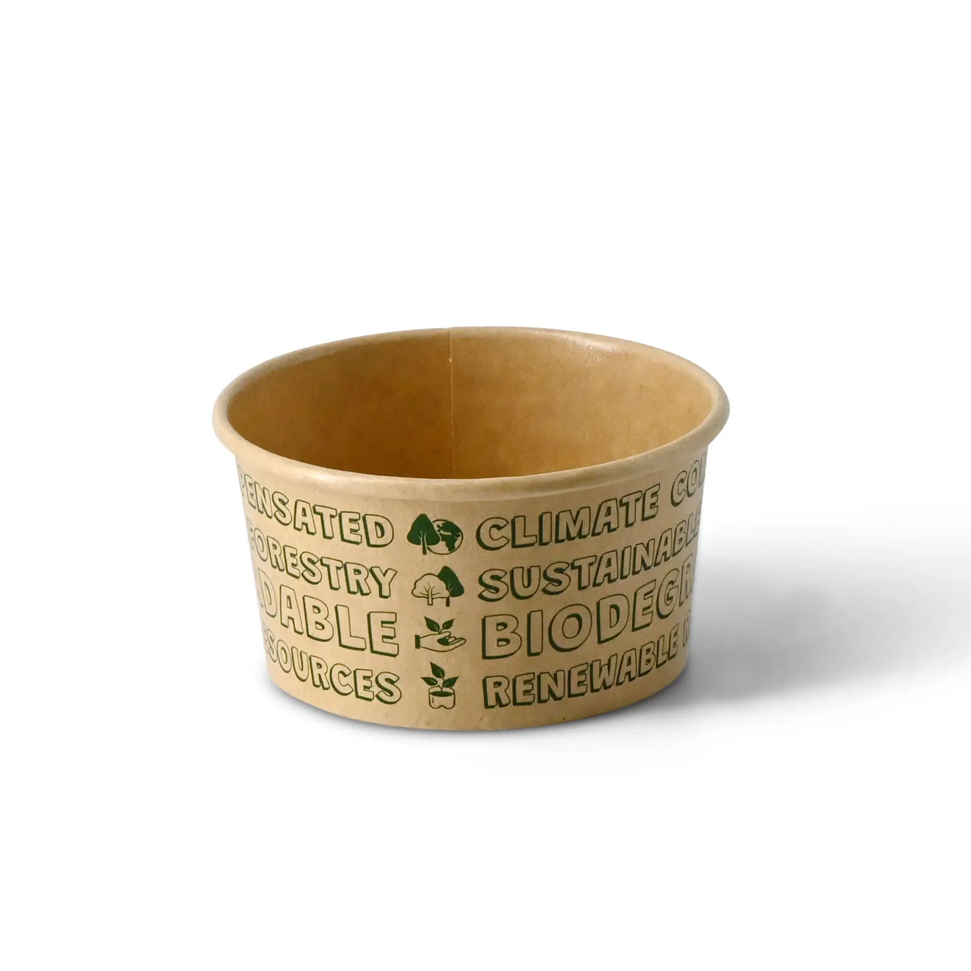 Cup in carta marrone per gelato con stampa EcoUp per la sostenibilità; capacità di 4 oz, certificato FSC®, biodegradabile, con rivestimento a base d'acqua.
