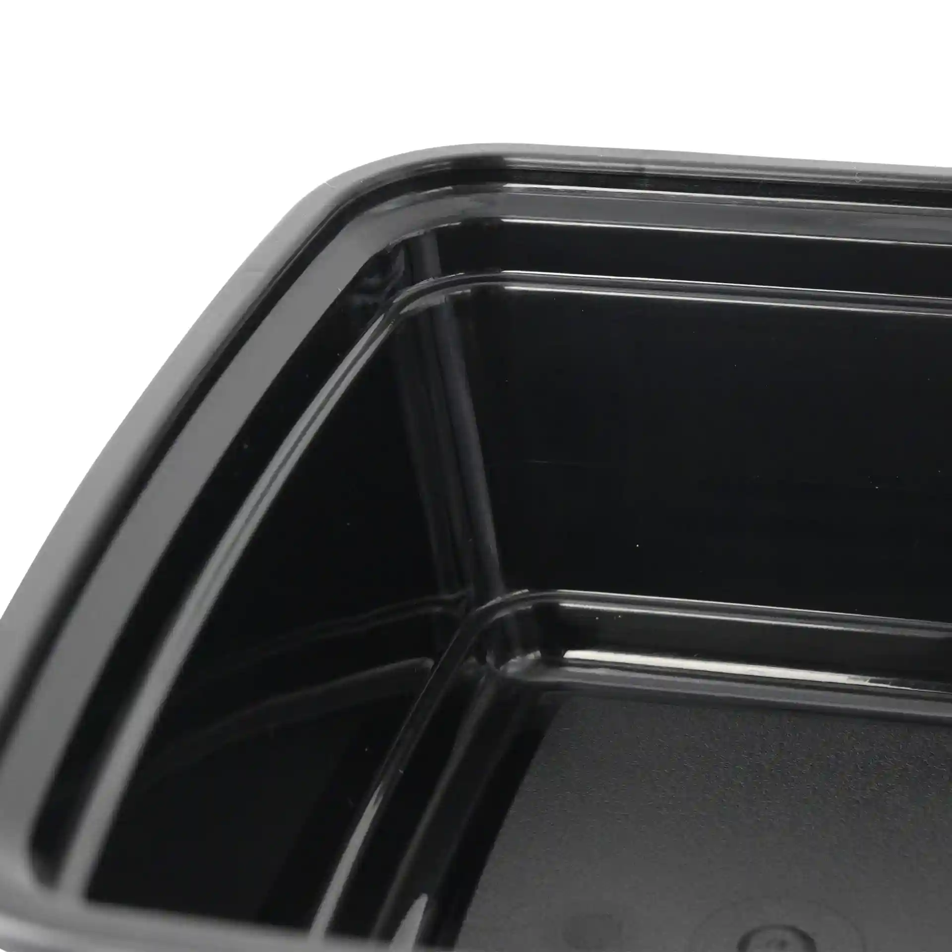 Contenitore rettangolare riutilizzabile nero con un volume di 700 ml, mostra l'interno e i dettagli degli angoli.