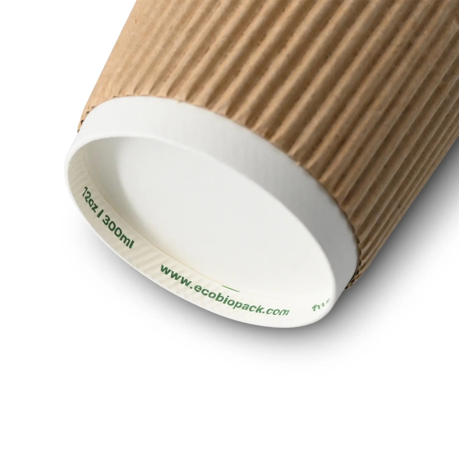 Tazza da caffè marrone a triplo strato con rivestimento interno bianco; progettata per bevande calde, con rivestimento PLA biodegradabile.