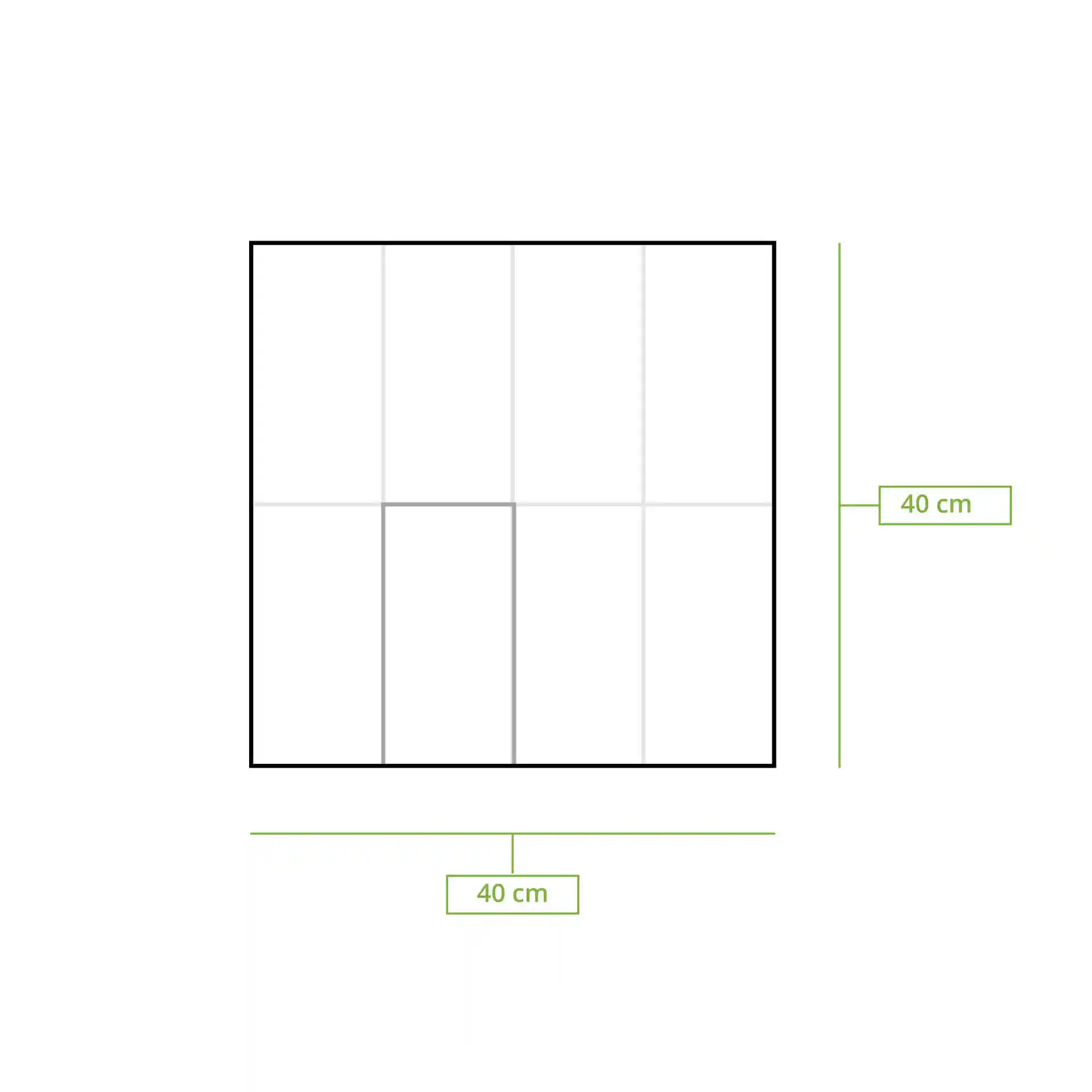 Disegno schematico di un quadrato di 40 cm x 40 cm con linee di dimensione che indicano la misura.