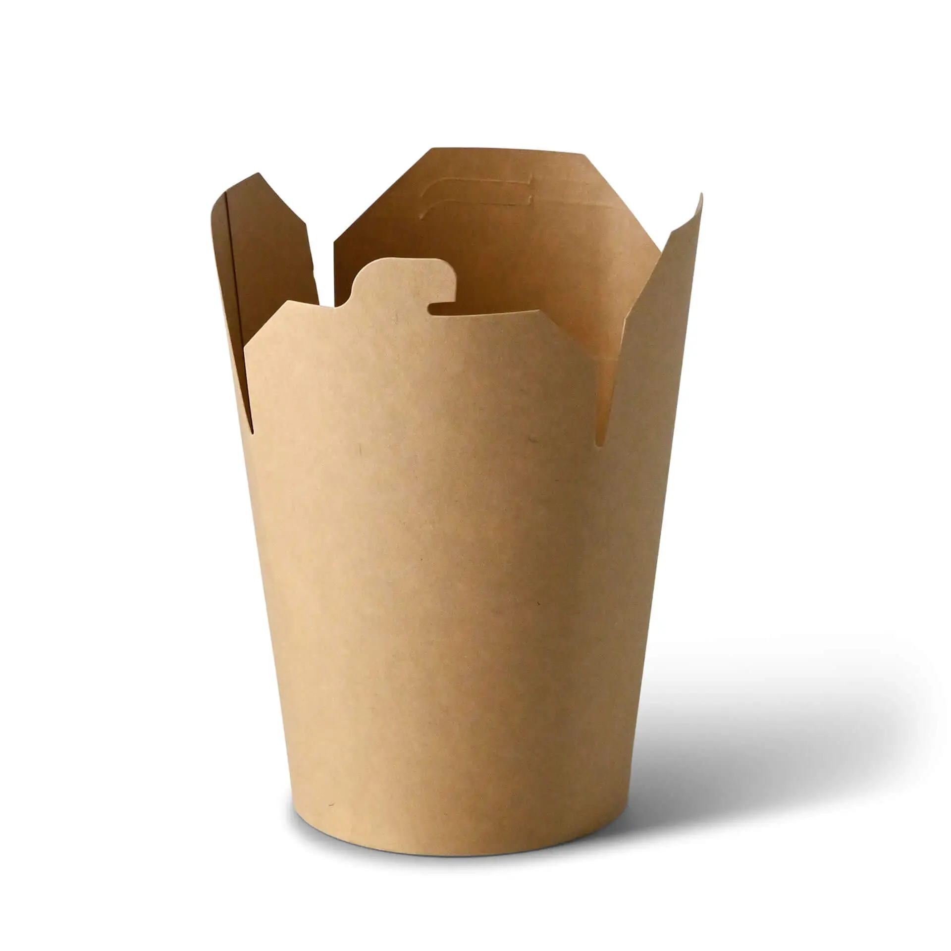 Scatola per noodle in carta kraft marrone con rivestimento interno impermeabile; progettata per il take away di vari piatti.