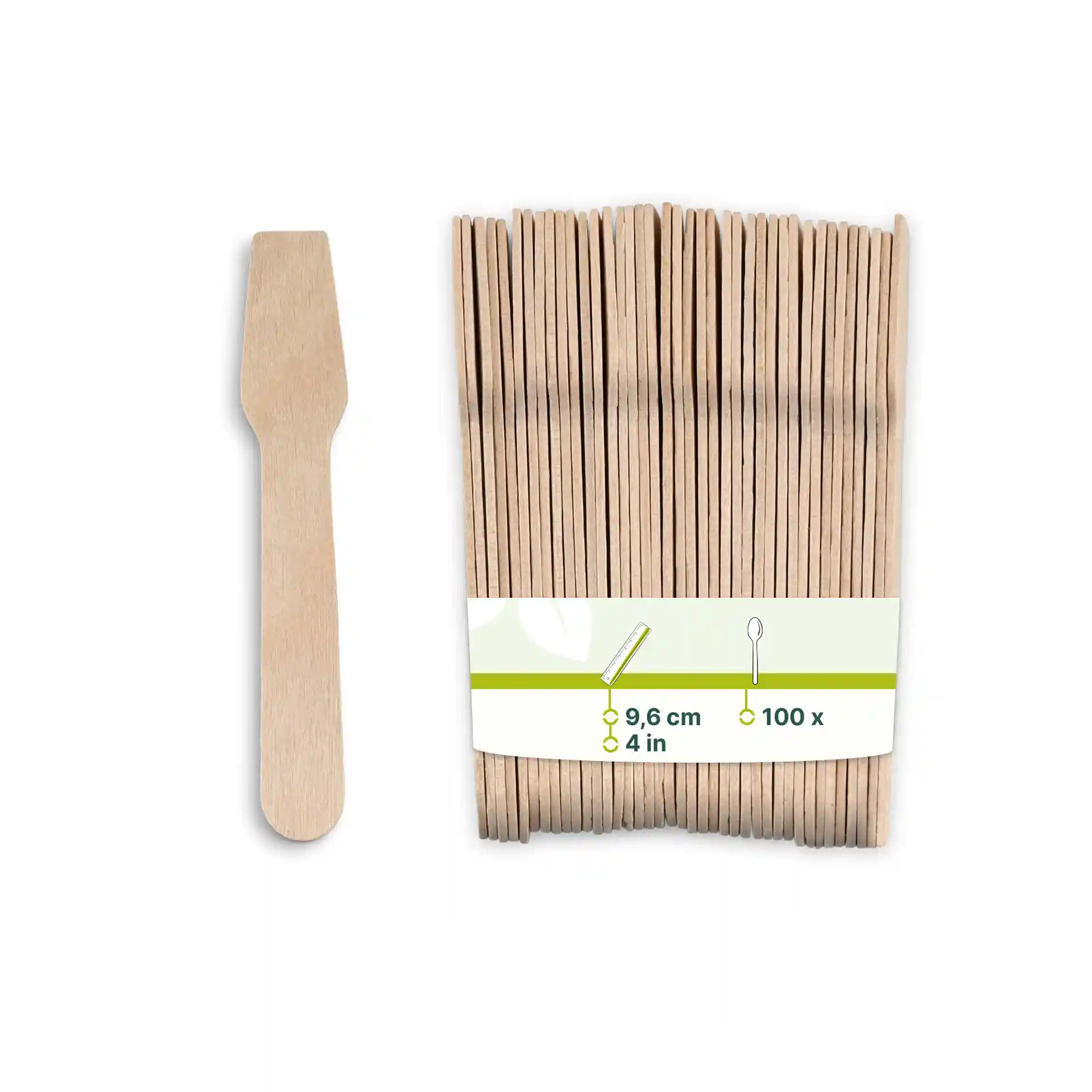 Cucchiaini in legno per gelato in confezione, lunghi 9,6 cm, di colore marrone e in legno.