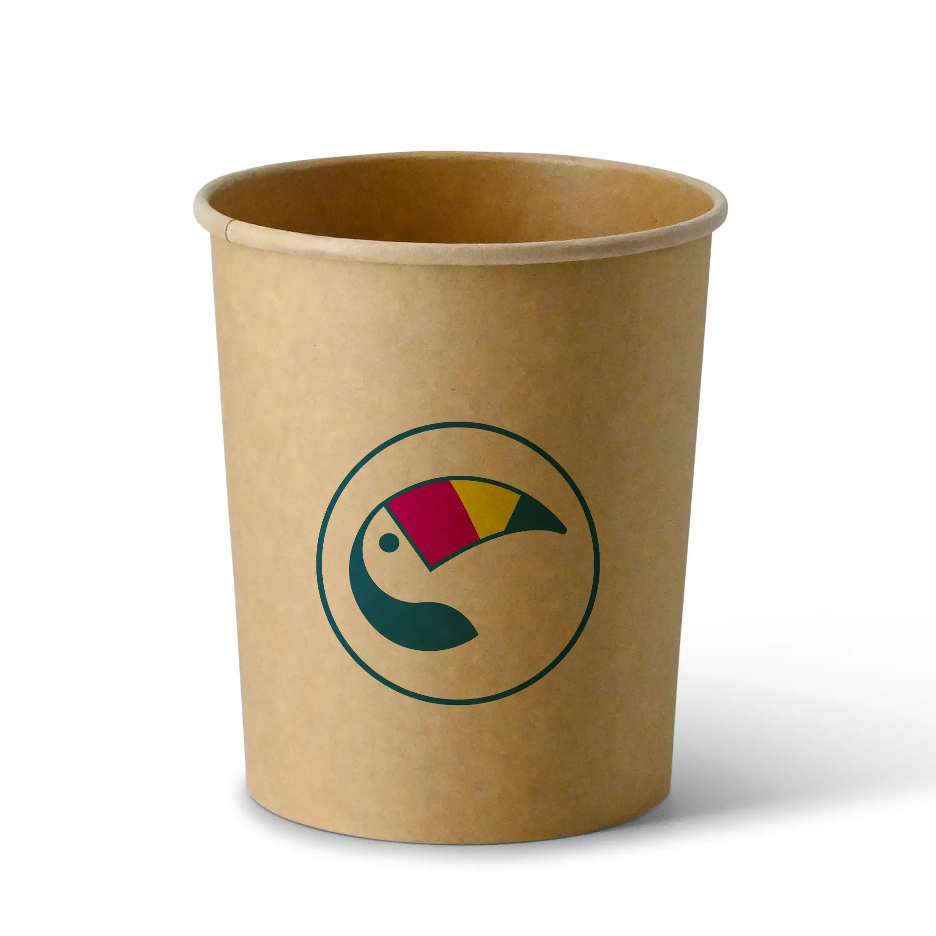 Tazza da zuppa personalizzata marrone con design del logo; ideale per cibi caldi; adatta per asporto; dimensione di 800 ml.