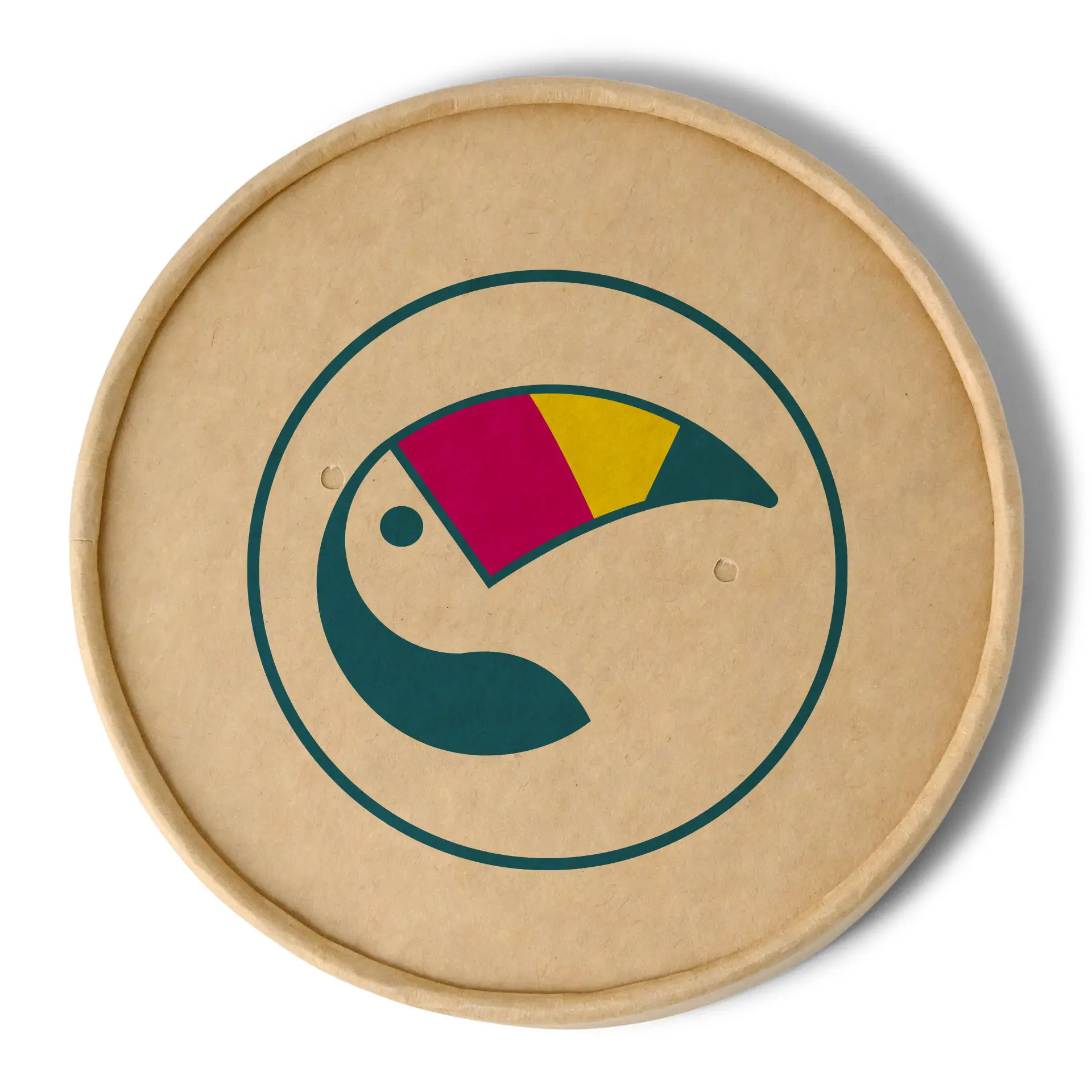 Coperchio in membrana personalizzato per tazze da zuppa in marrone, con design colorato di tucano. Diametro 115 mm.