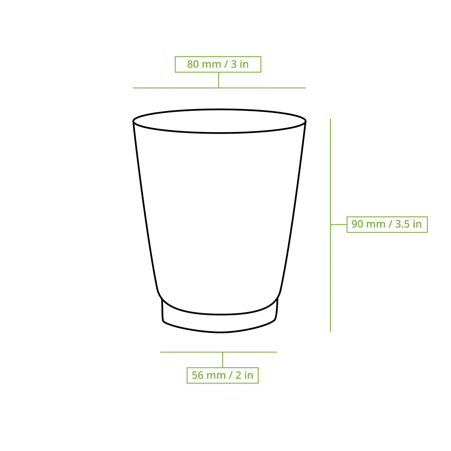 Disegno schematico di un bicchiere marrone a ondulazione con dimensioni: altezza 90 mm, diametro superiore 80 mm, diametro base 56 mm.