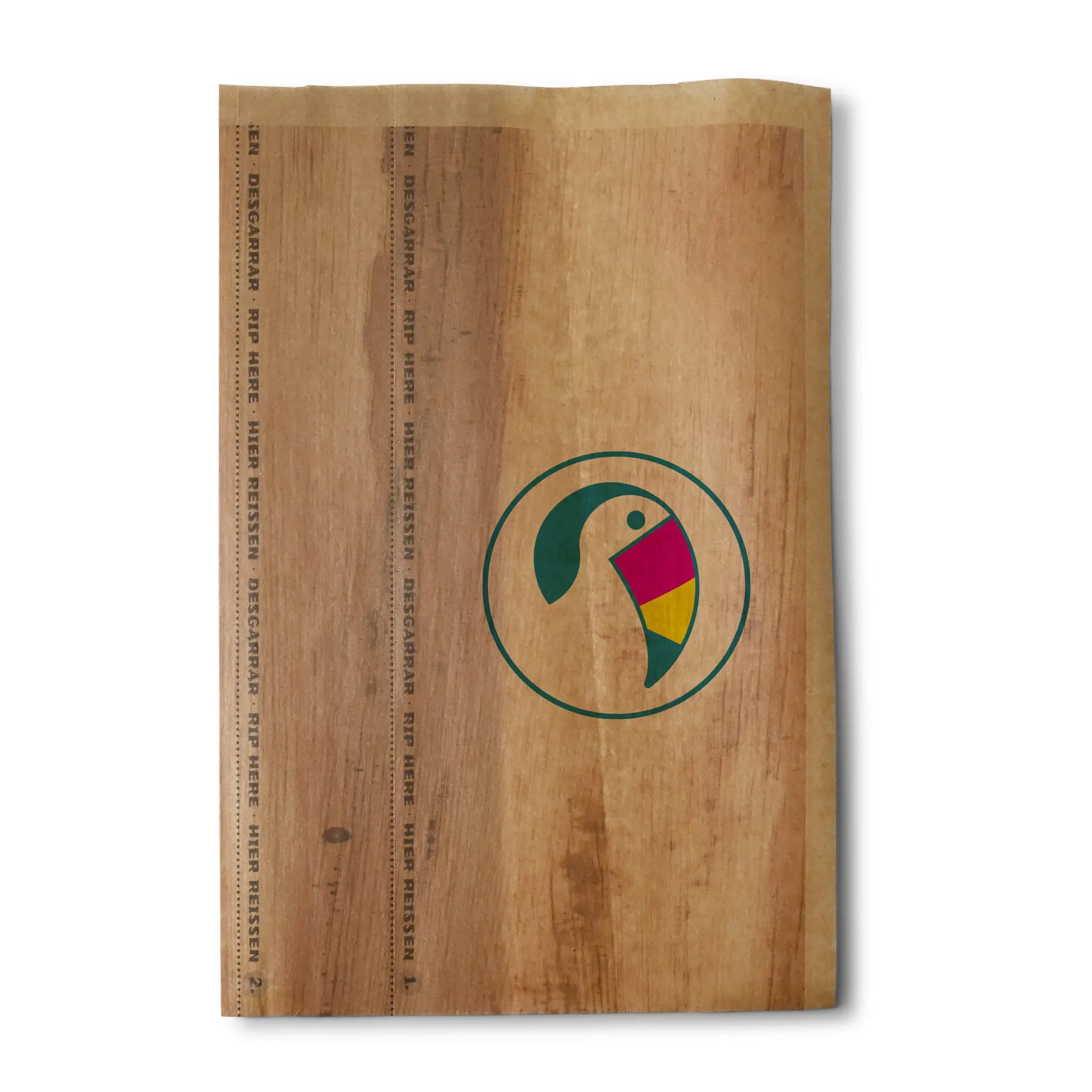 Borsa avvolgente personalizzata con design del logo; carta marrone con chiusura adesiva per un trasporto sicuro.