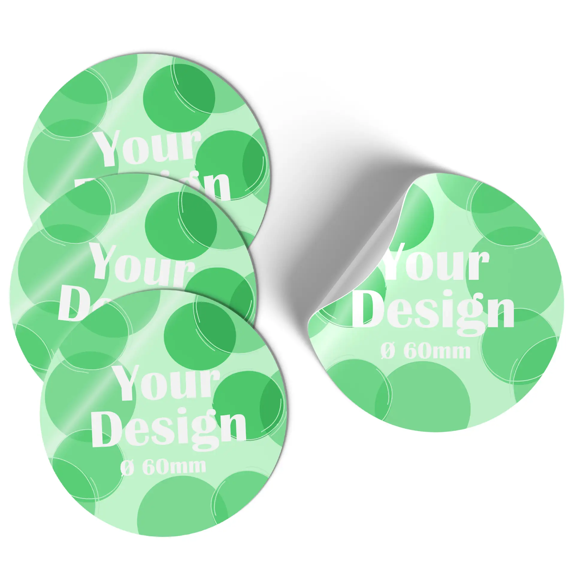 Adesivo circolare con sfondo blu sfumato e design grafico; misura circa 6 cm di diametro.