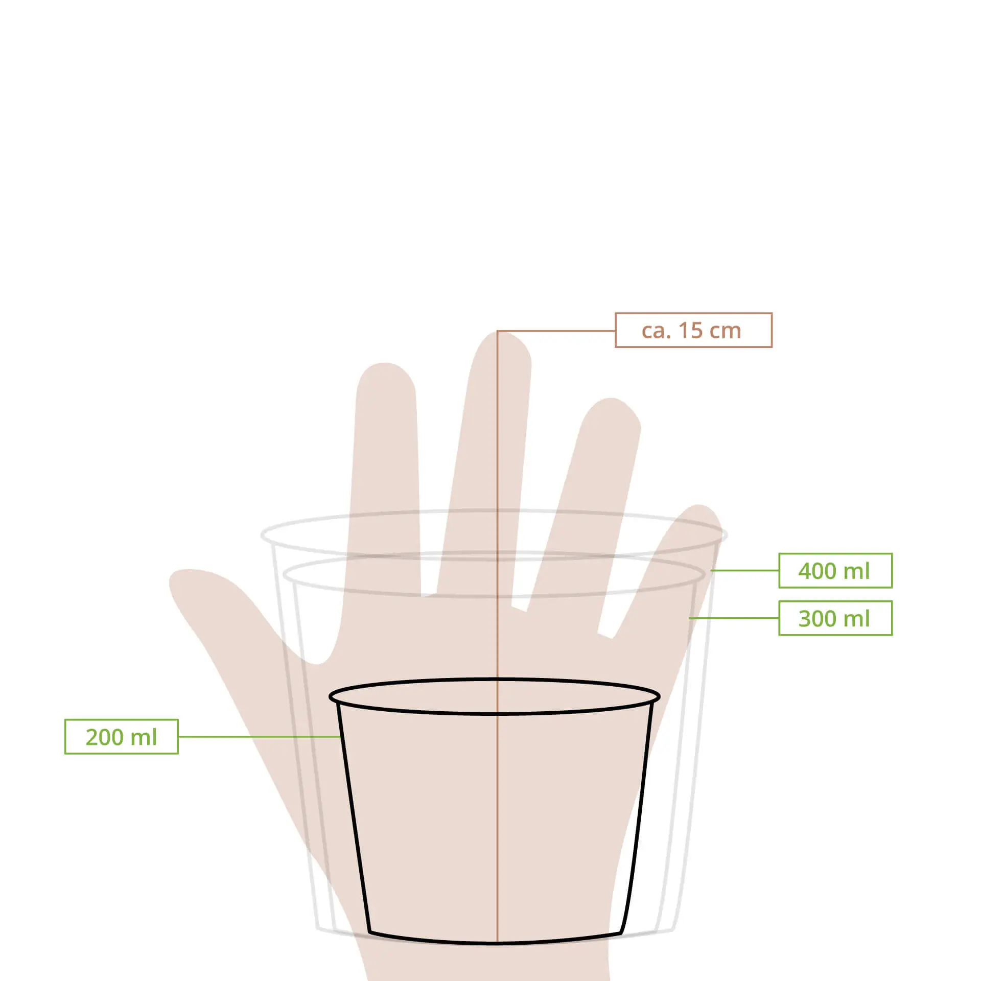 Tazza per zuppa marrone sostenibile da asporto, 200 ml, con rivestimento PLA; mano come riferimento per le dimensioni; mostra indicatori di capacità.