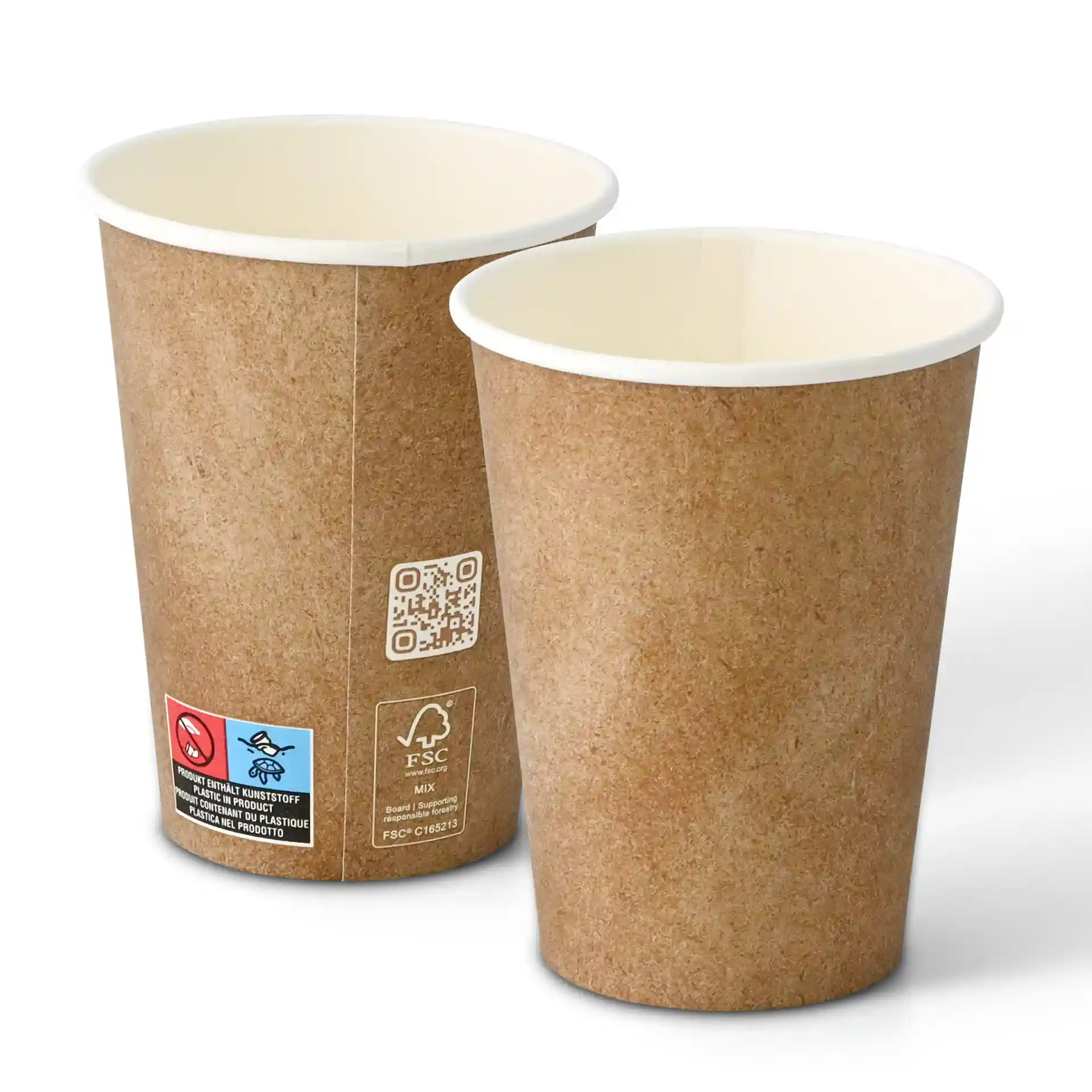 Bicchiere di carta marrone con interno bianco, parete singola, capacità di 300 ml e diametro di 90 mm.