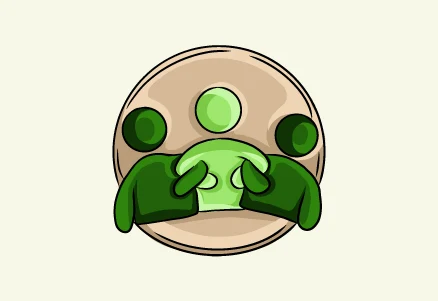 Icona con tre figure stilizzate verdi che tengono un oggetto verde, su uno sfondo chiaro.