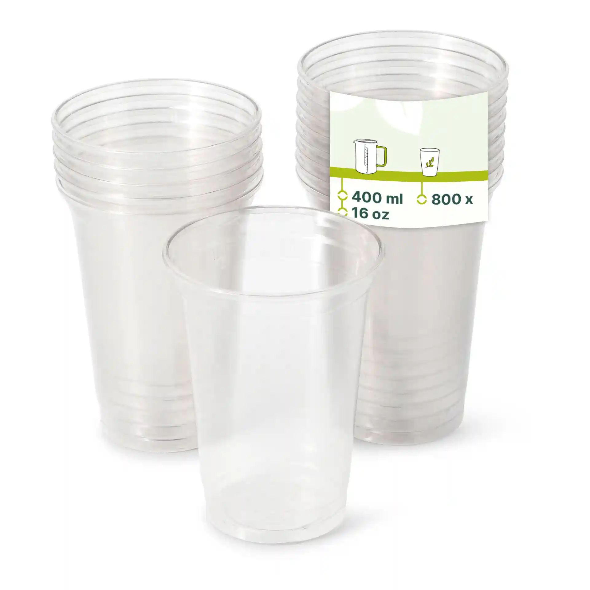 Bicchieri trasparenti da 16 oz in rPET impilati con un'etichetta che mostra capacità e quantità.