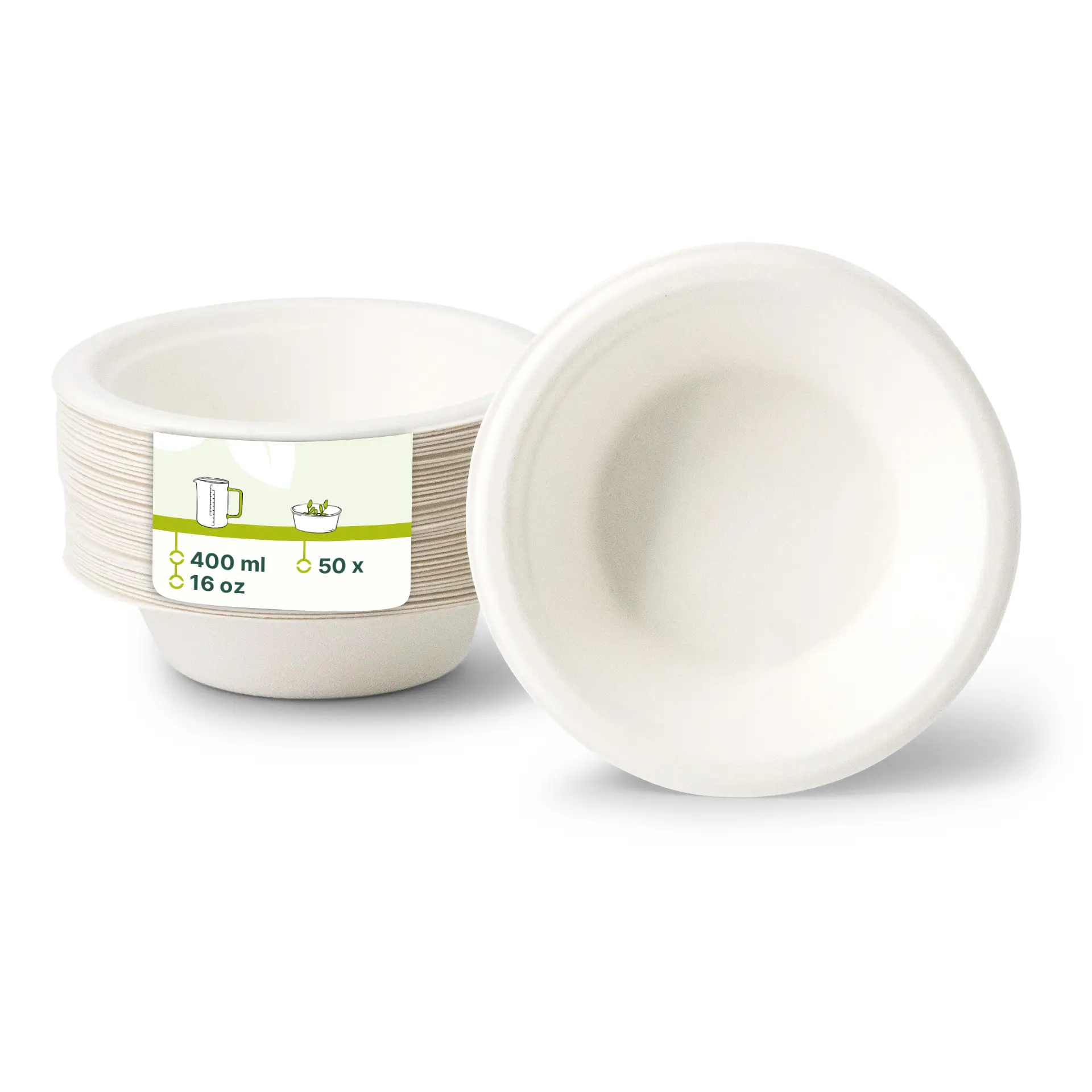 Ciotola rotonda bianca in canna da zucchero con capacità di 400 ml; più ciotole impilate con un'etichetta che mostra contenuto e quantità.