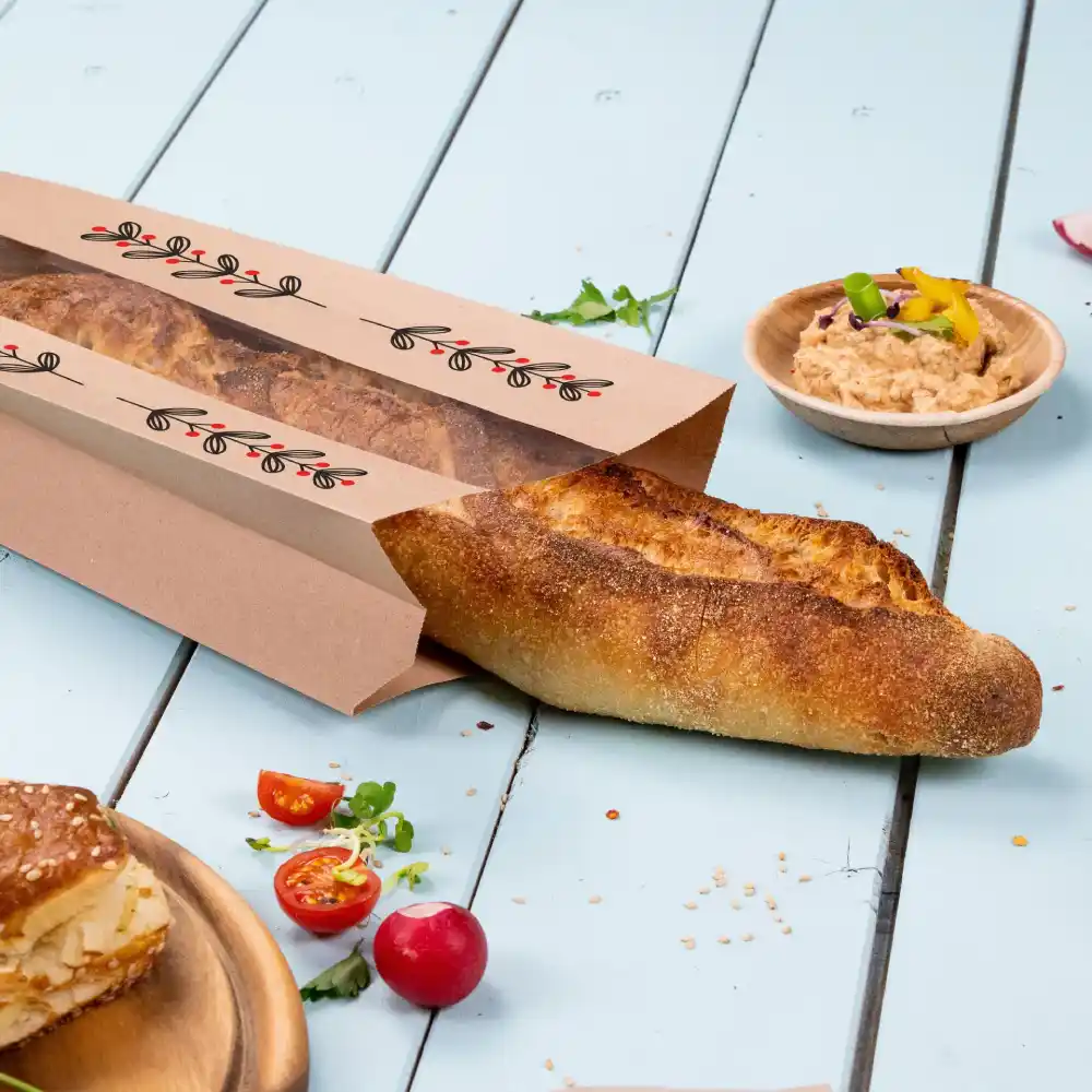 Baguette in una busta di carta stampata con pomodorini e un piatto di crema su una superficie in legno blu.