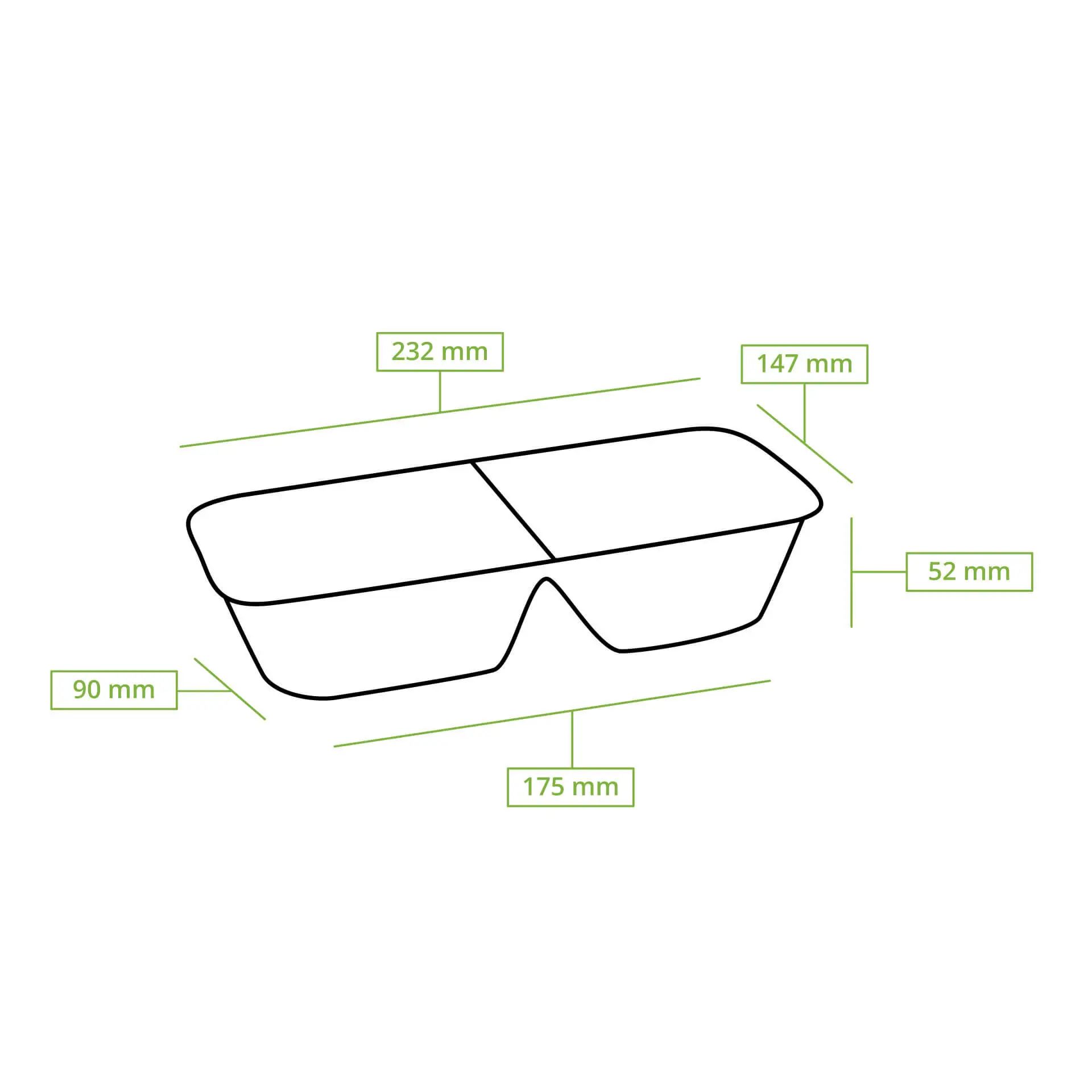 Ciotola in canna da zucchero a due scomparti per pasti da asporto; dimensioni 232 x 147 x 52 mm; adatta per piatti caldi e freddi.