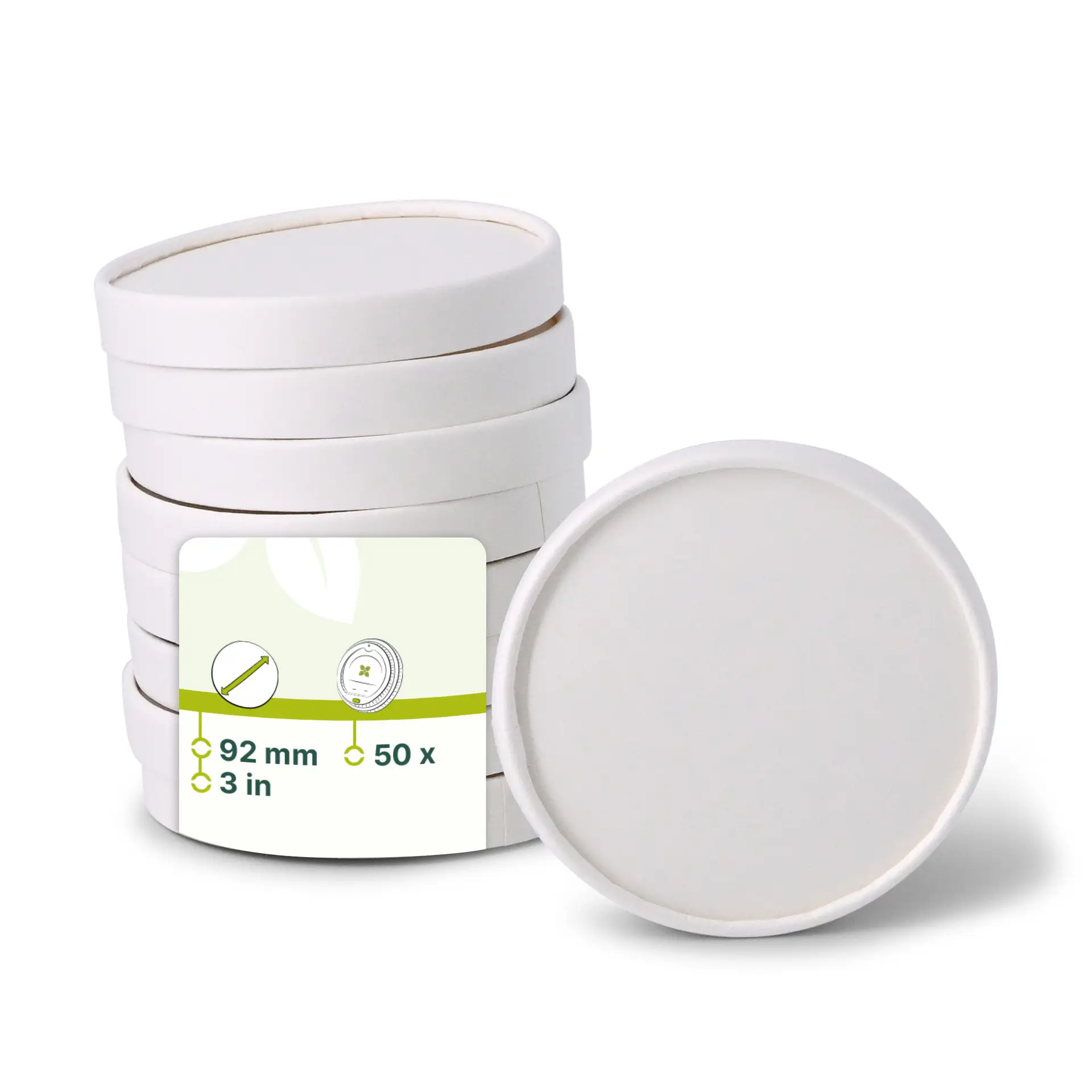 Coperchi in cartone bianchi; progettati per coppette di gelato da 92 mm; mostrati impilati con un coperchio davanti.