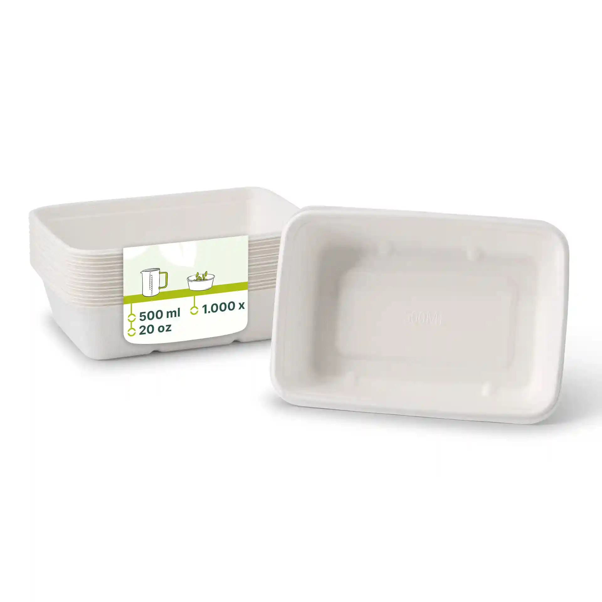 Ciotole rettangolari bianche in canna da zucchero, 17 x 12 x 5 cm, con una capacità di 500 ml, mostrate impilate con un'etichetta.