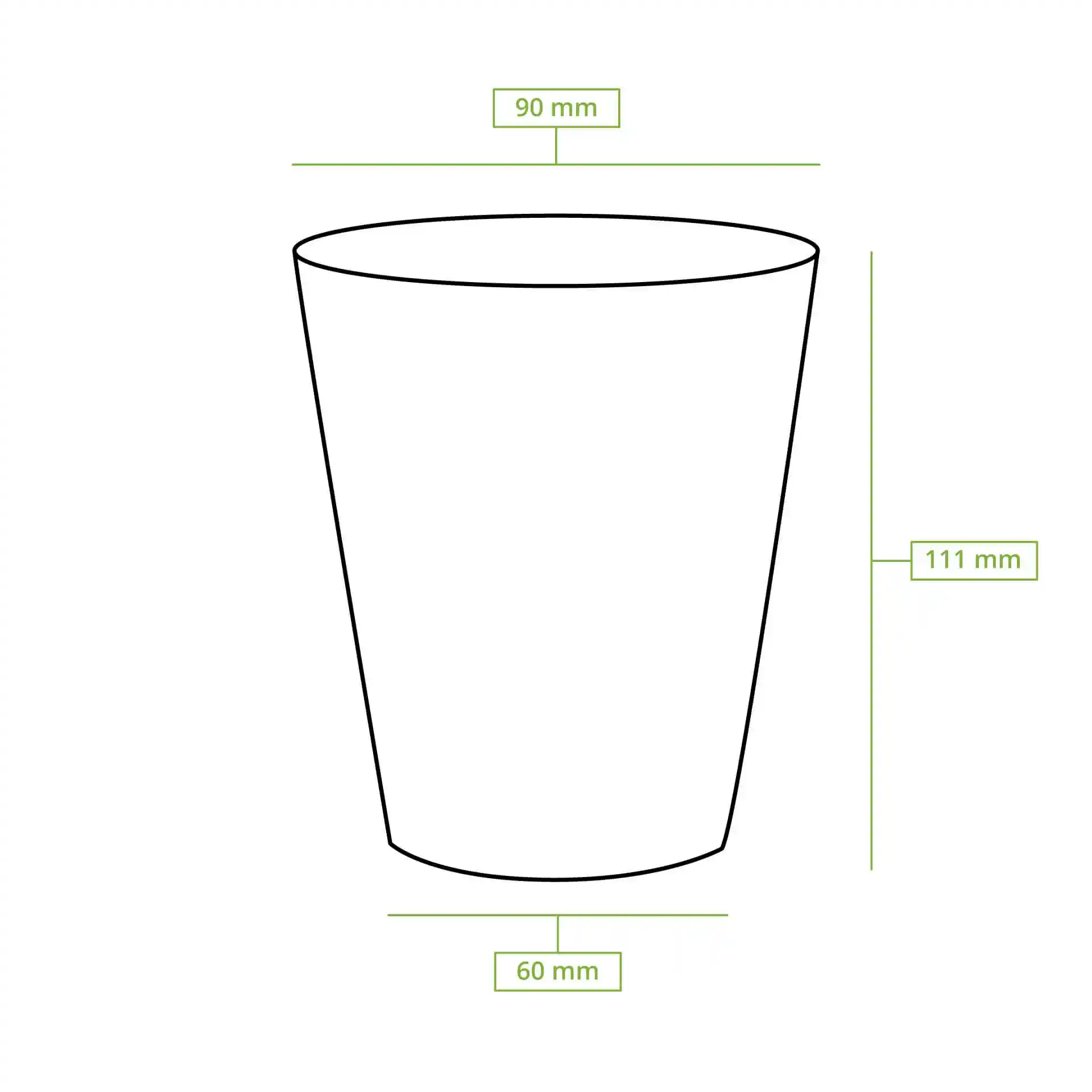 Disegno schematico di un bicchiere di carta con dimensioni: altezza 112 mm, diametro superiore 90 mm, diametro inferiore 60 mm.