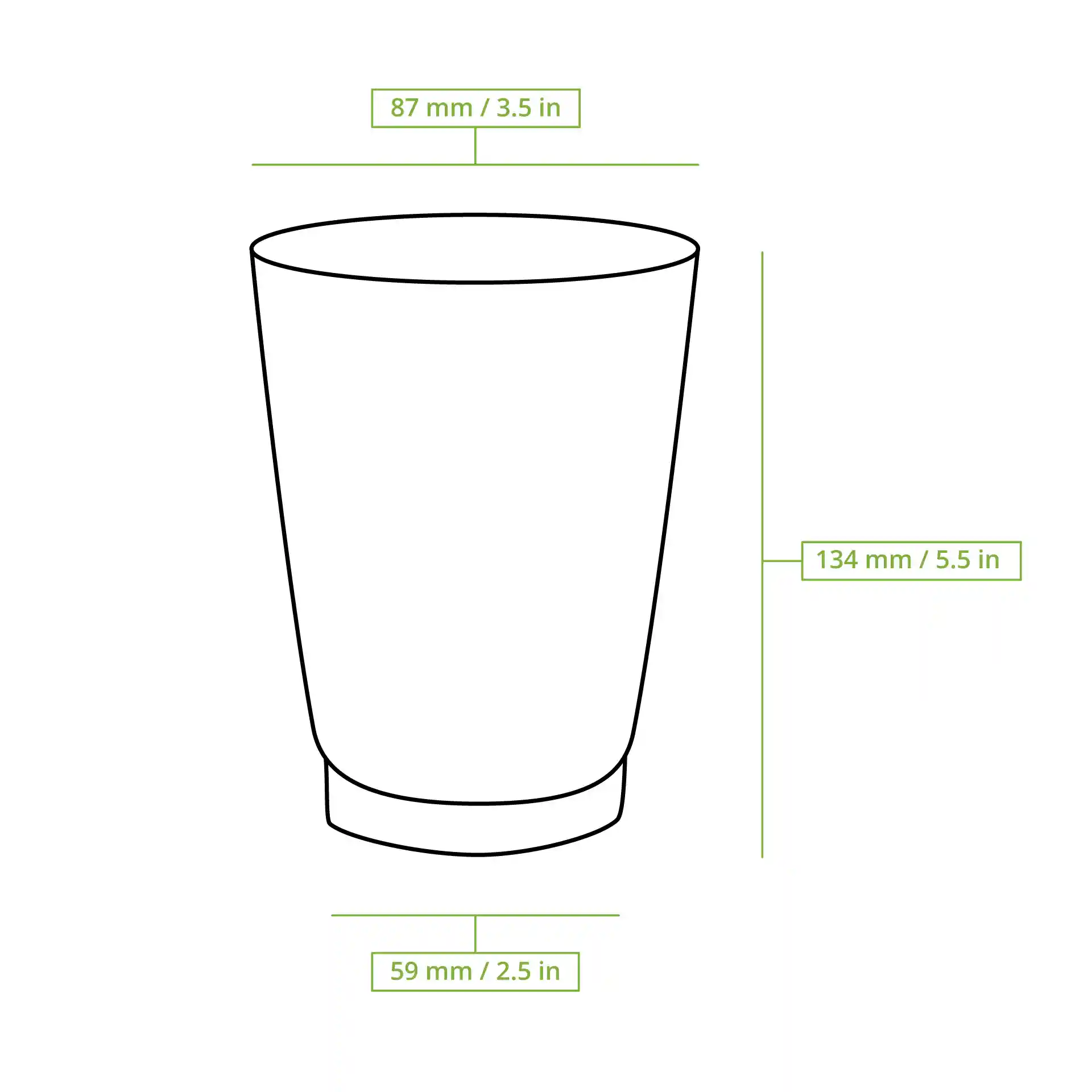Disegno schematico di un bicchiere rigato con linee di misura che mostrano un'altezza di 134 mm, un diametro superiore di 90 mm e un diametro di base di 59 mm.
