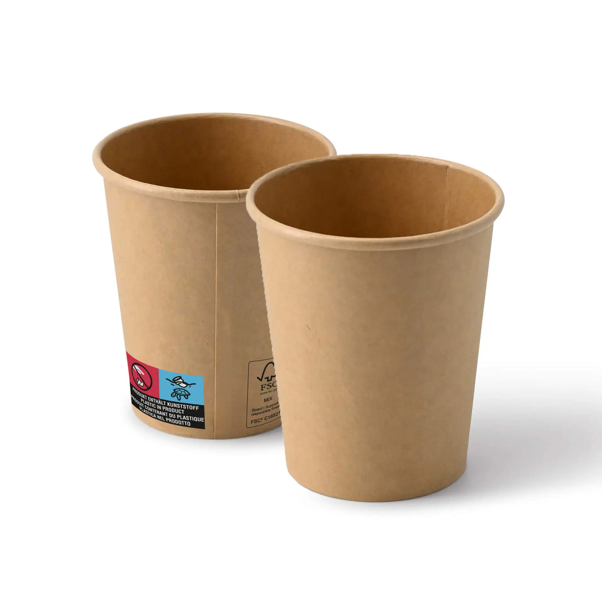 Bicchieri di carta marroni, formato 8 oz, con rivestimento in PE; due bicchieri esposti, uno leggermente dietro l'altro con un'etichetta.
