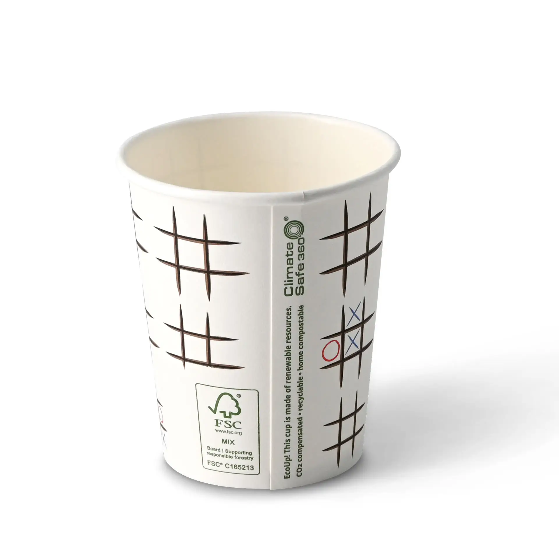 Pappbecher bedruckt "Tic Tac Toe" 200 ml / 8 oz, Ø 80 mm, weiß