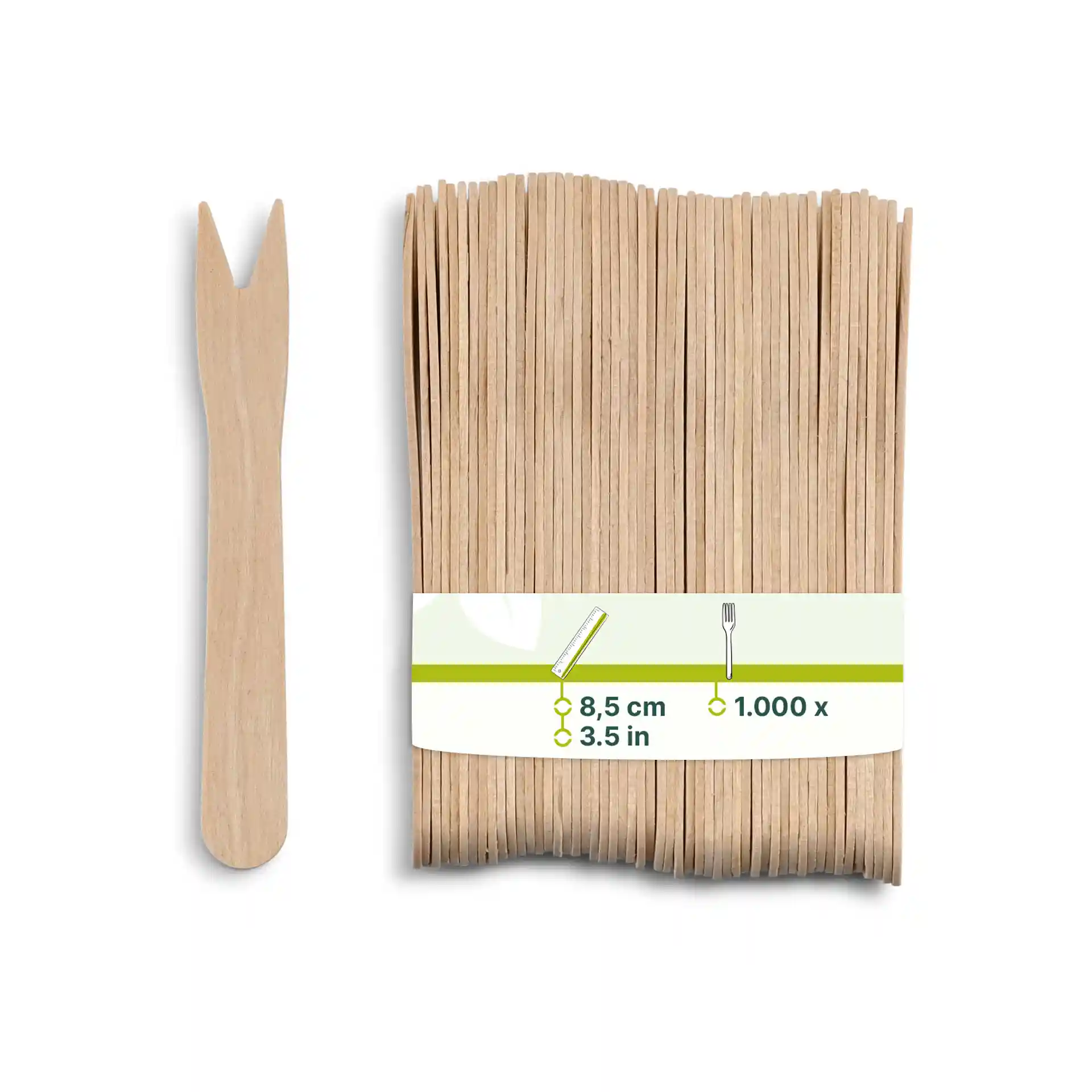 Confezione di forchette in legno, lunghe 8,5 cm, con etichetta che mostra le dimensioni e la quantità di 1.000 pezzi.