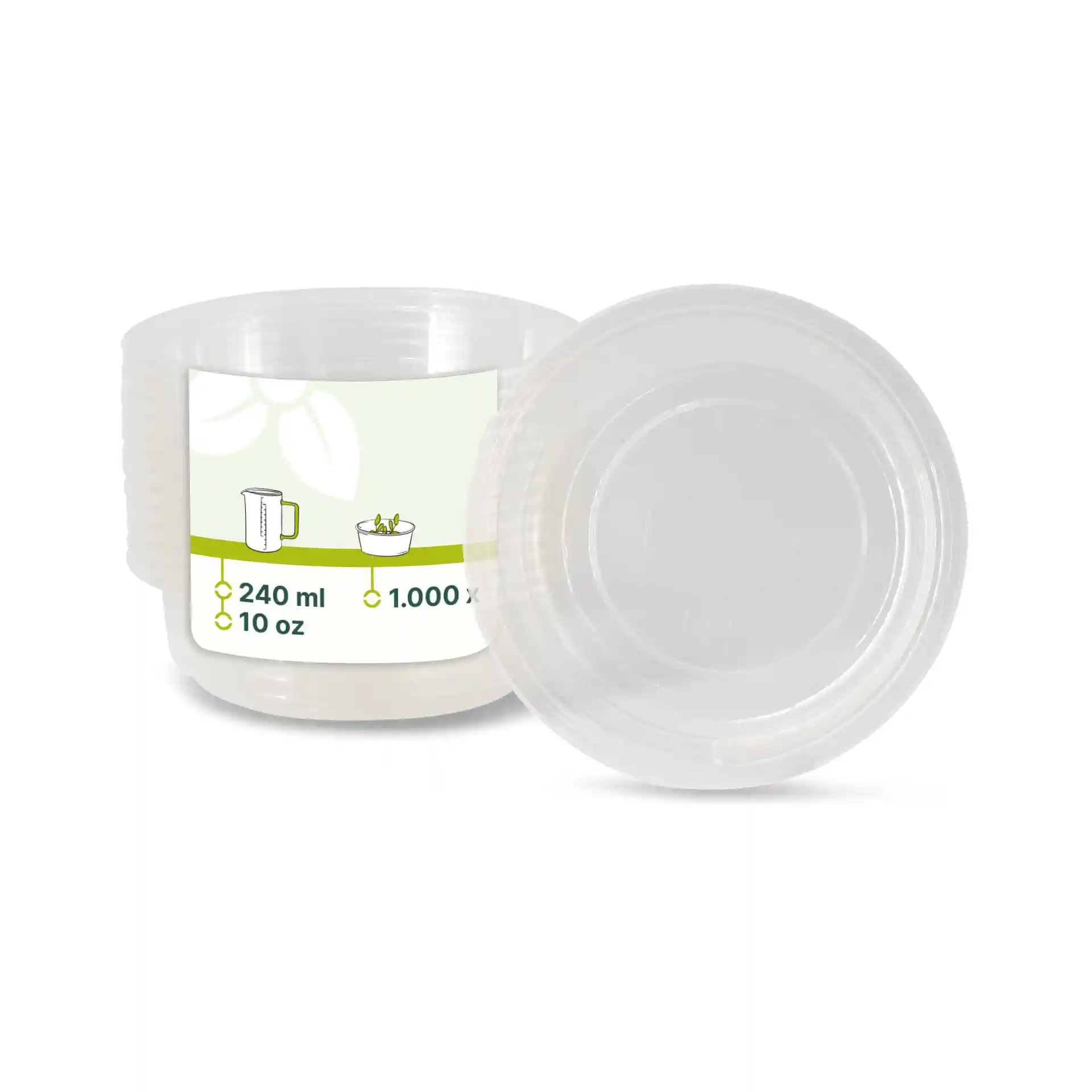 Contenitore rotondo trasparente da 240 ml, mostra il coperchio e un'etichetta con le indicazioni di volume.