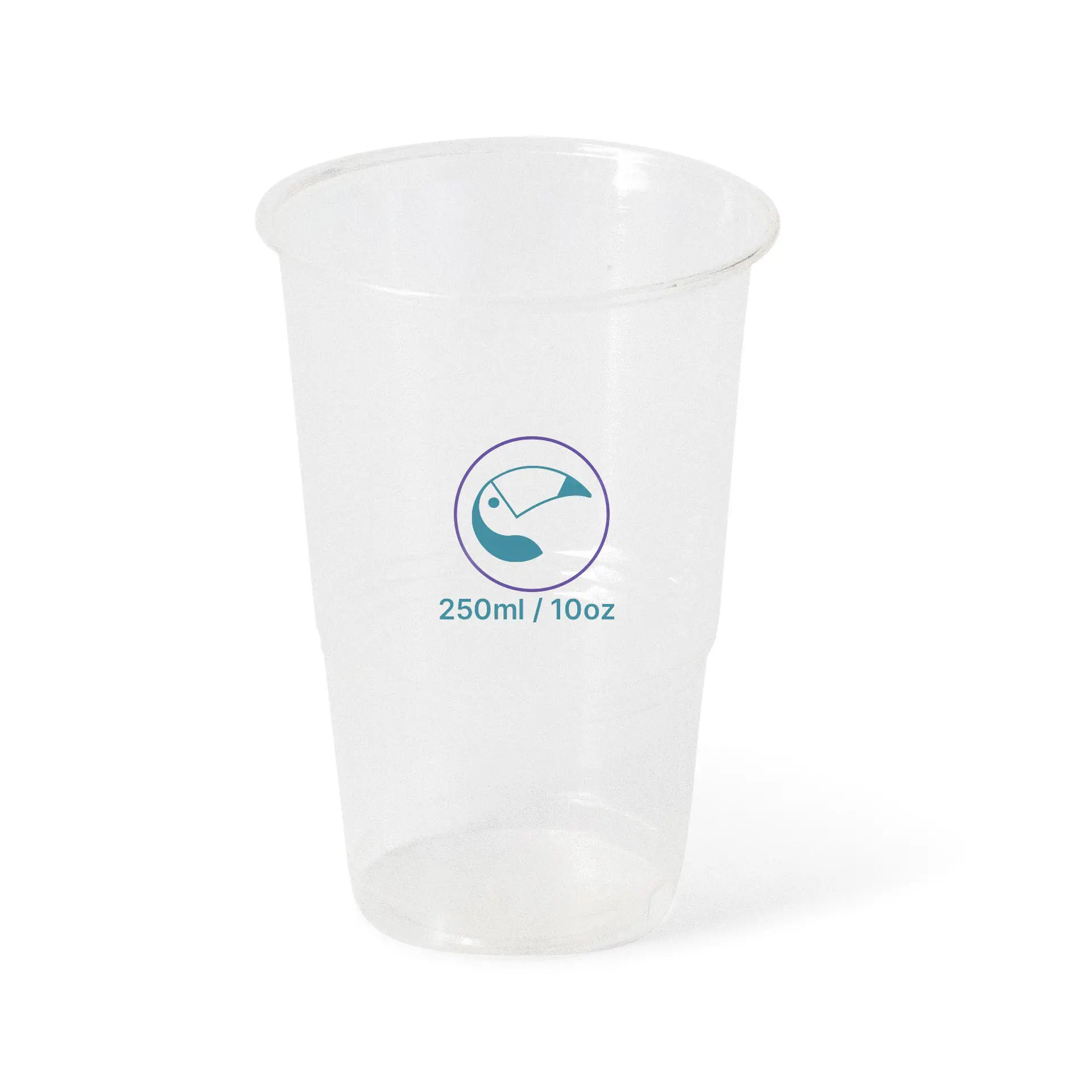 Bicchiere rPET trasparente da 10 oz per bevande fredde, con simbolo logo e misure sul lato.