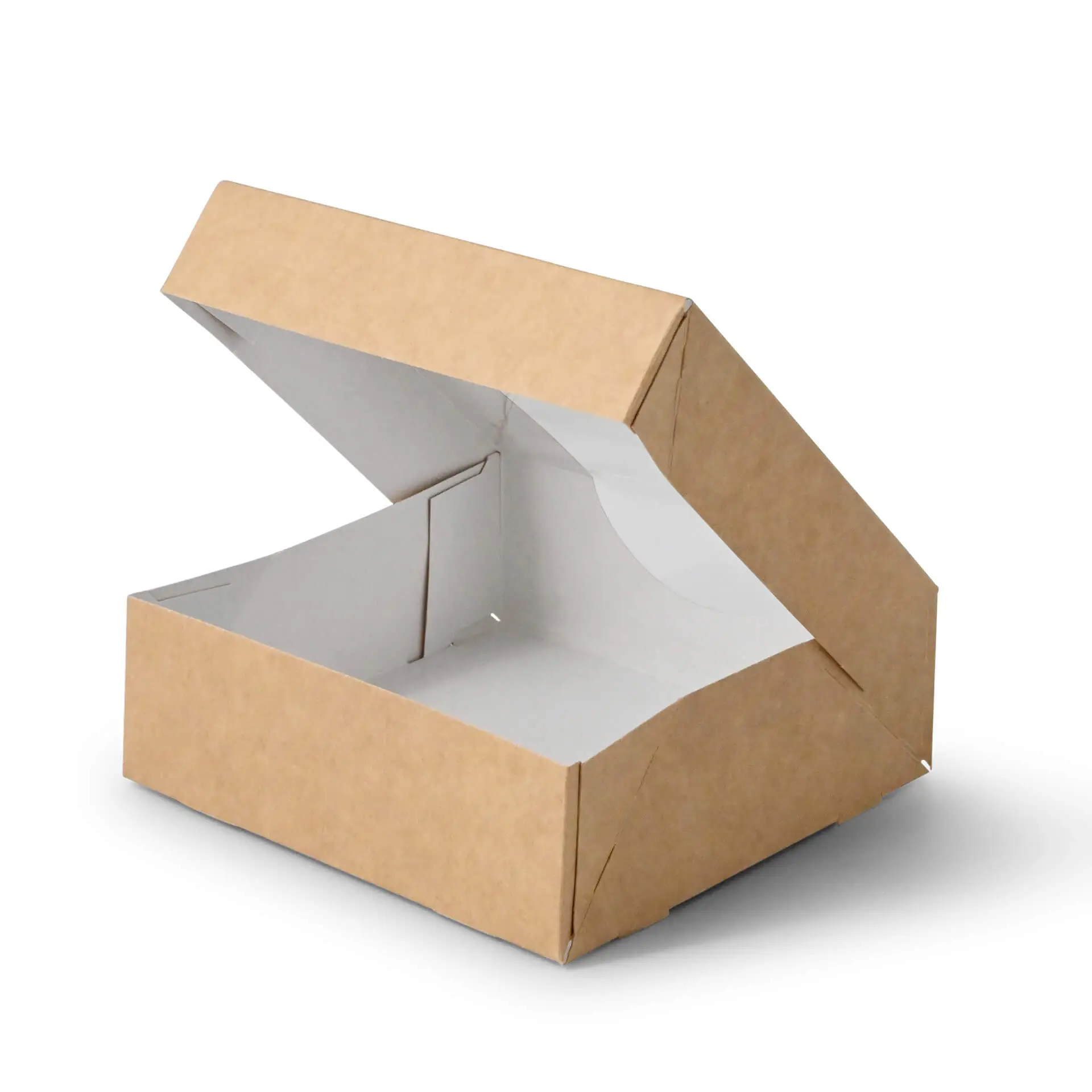 Scatola di cartone marrone con interno bianco, aperta ad angolo, misura 12 x 12 x 4 cm.