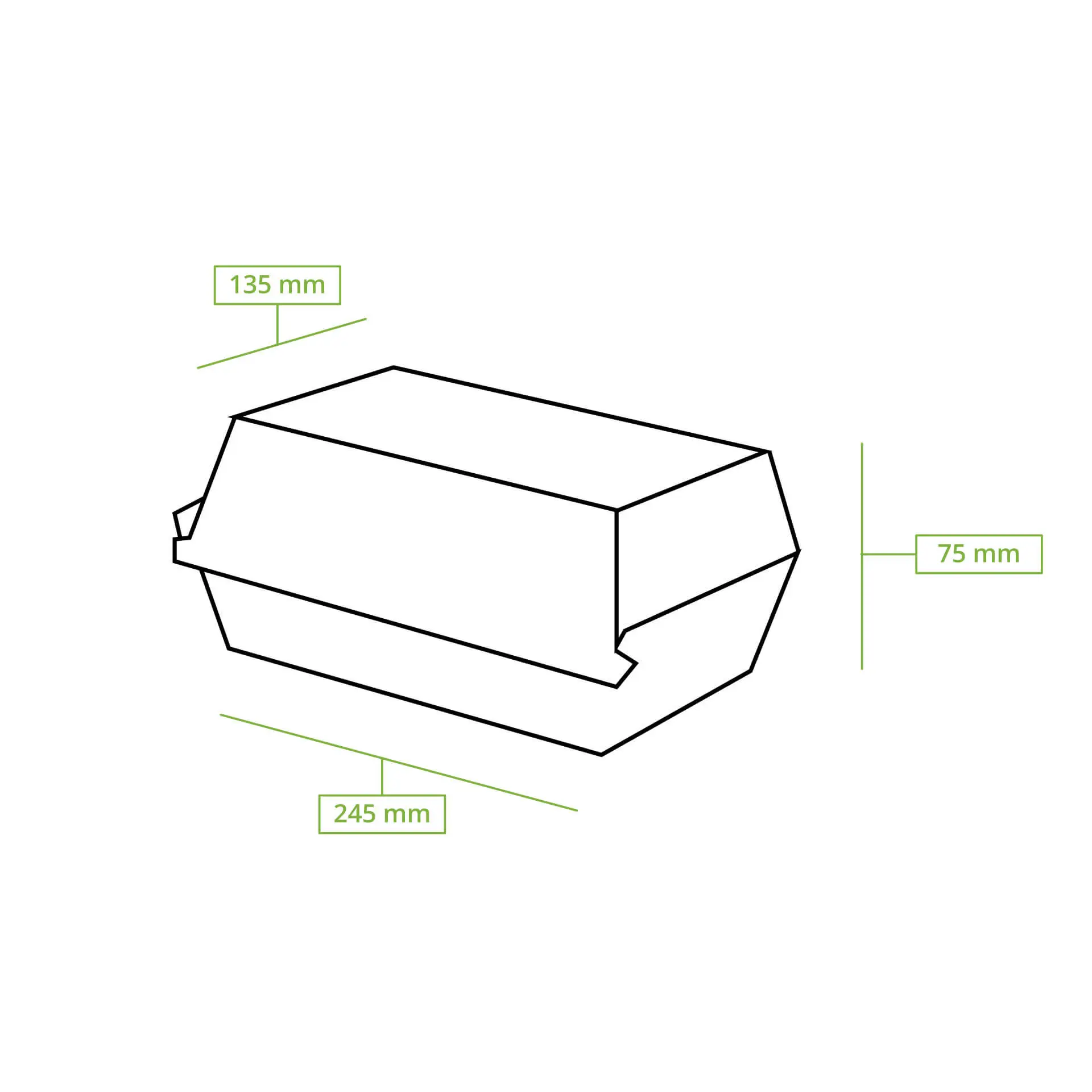 Scatola alimentare biodegradabile con coperchio a cerniera in cartone kraft marrone; dimensioni 245 mm x 135 mm x 75 mm.