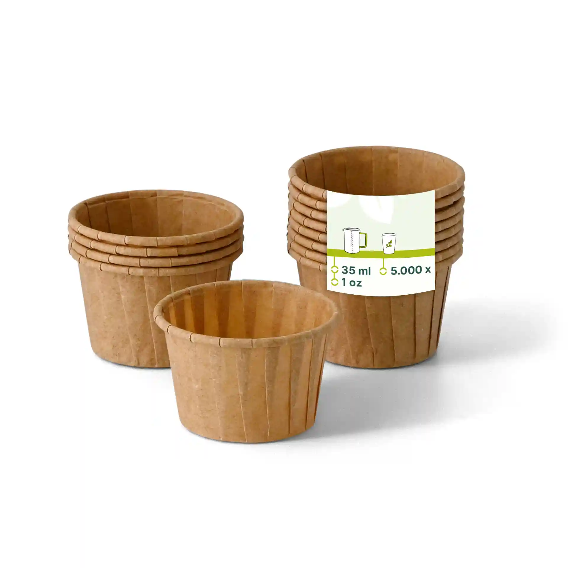 Bicchieri di carta marroni con un'altezza di 30 mm e un diametro di 48 mm, impilati con un bicchiere davanti.