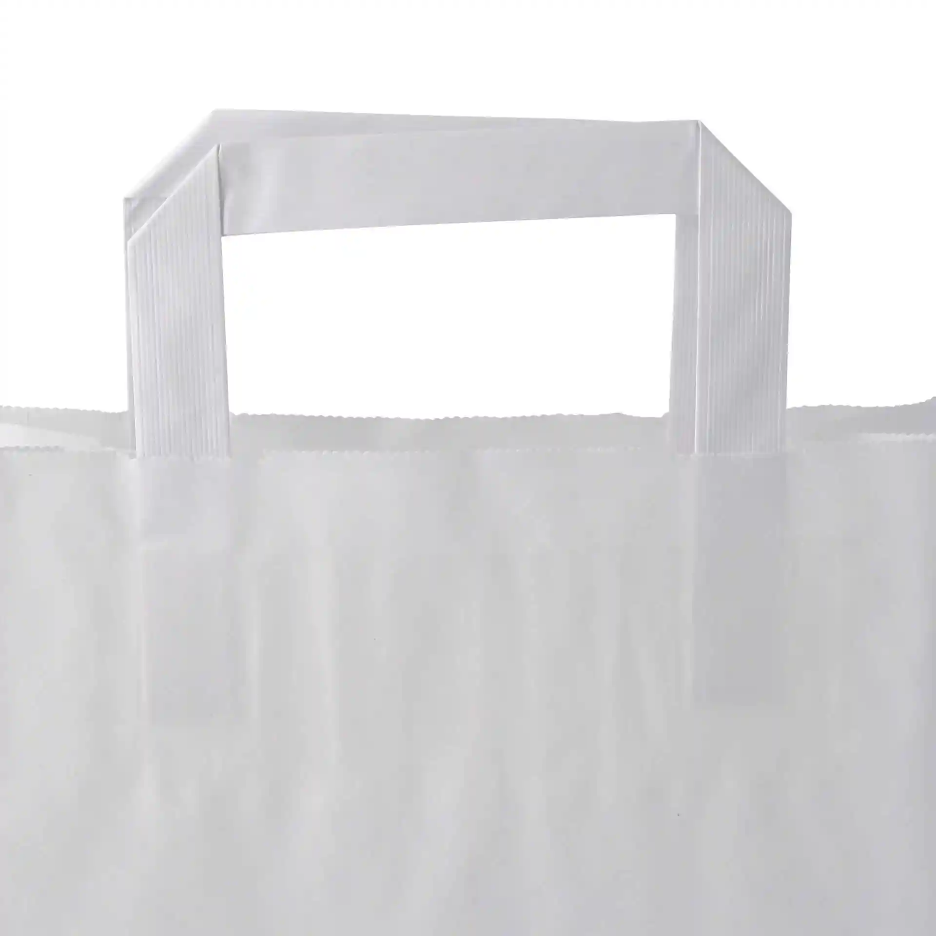 Borsa in carta kraft bianca con manico piatto, dimensioni 22 x 10 x 28 cm.