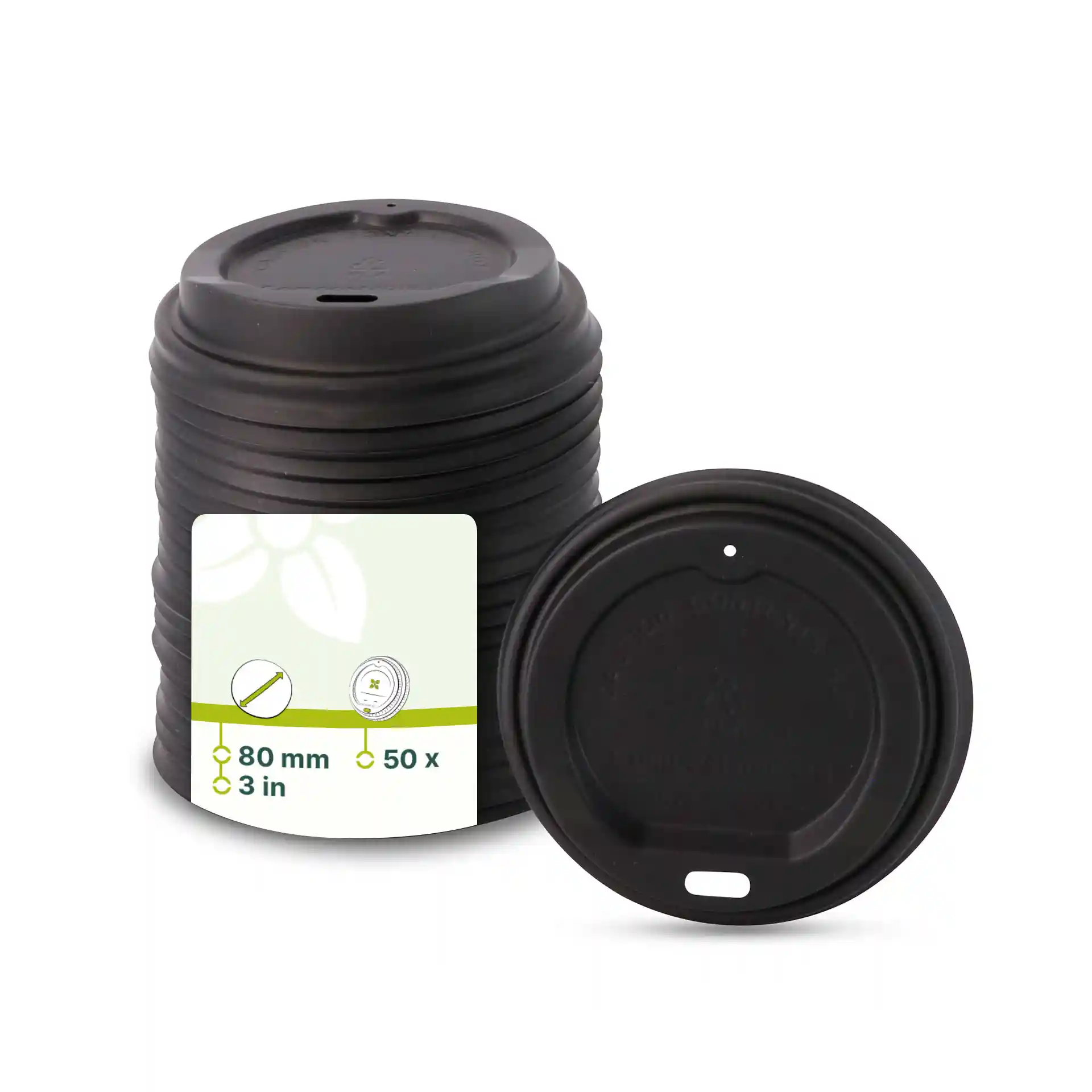 Coperchio in CPLA nero con foro per bere, diametro di 80 mm, impilato con etichetta visibile che mostra i dettagli del prodotto.