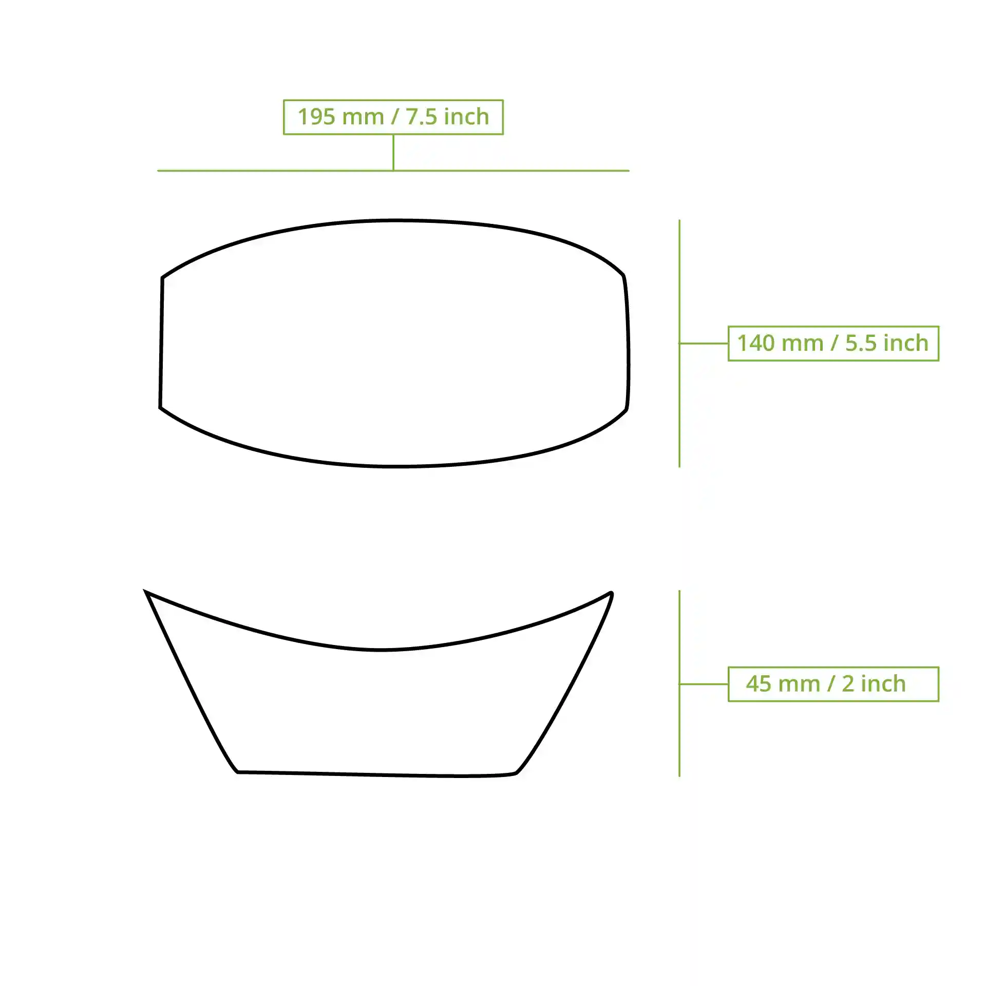 Disegno schematico di un vassoio per snack in cartone con dimensioni etichettate: 195 mm di lunghezza, 140 mm di larghezza e 45 mm di altezza.