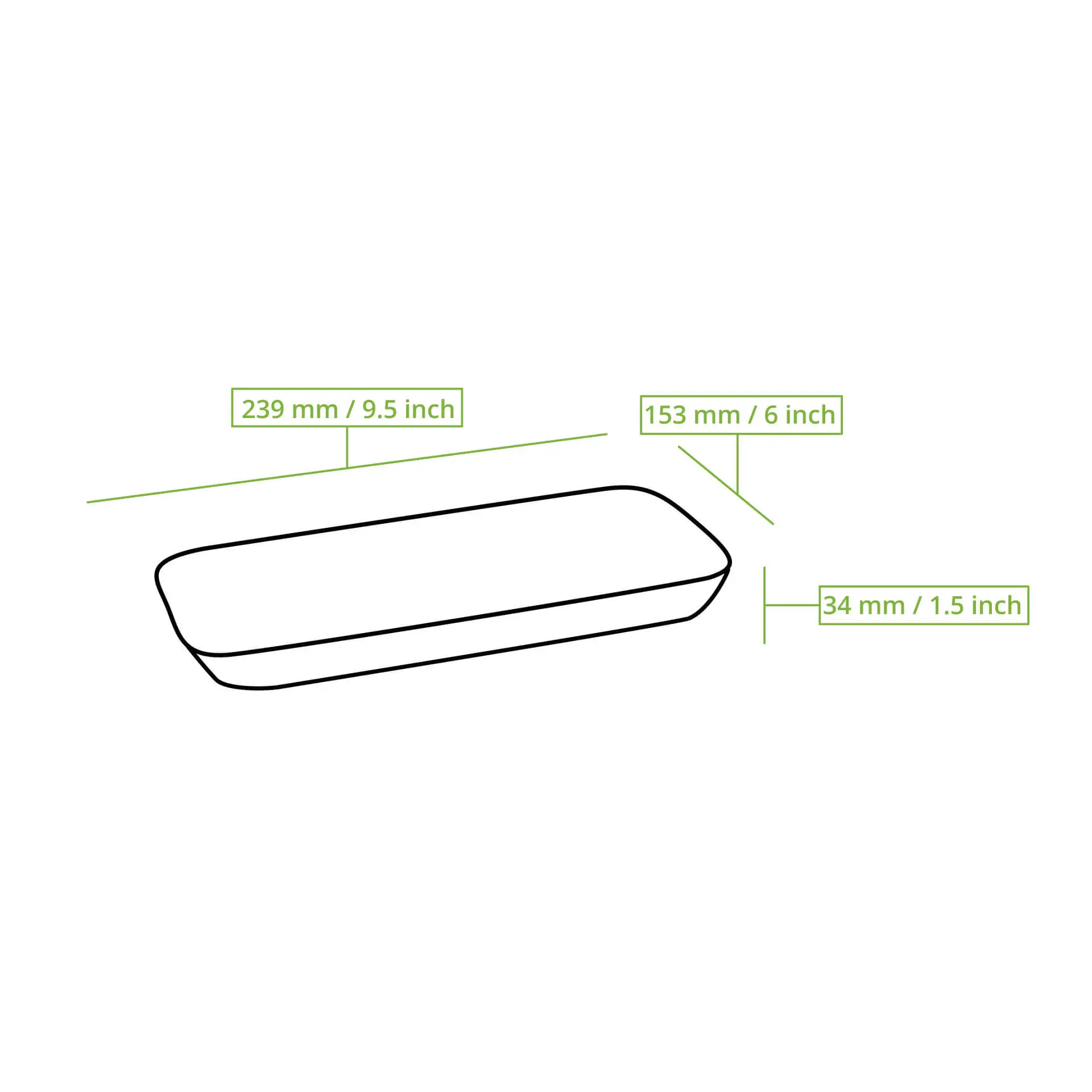 Piatto rettangolare profondo in foglia di palma, dimensioni 239 mm x 153 mm x 34 mm, con design a grana naturale e resistente ai grassi.