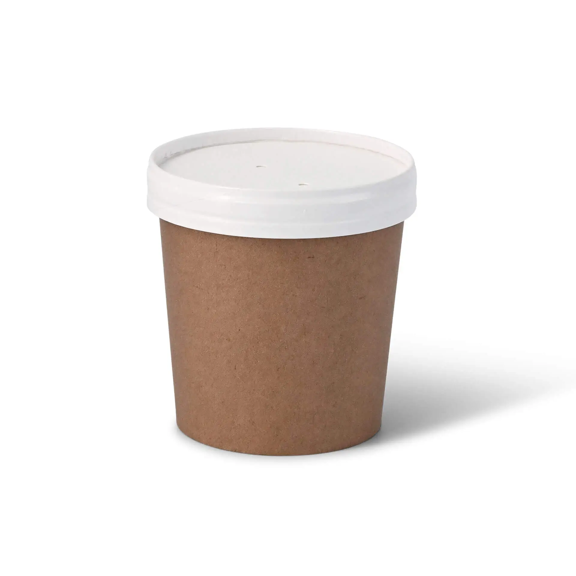 Tazza di cartone marrone con coperchio in bio-PE bianco; progettata per zuppe, con fori di vapore per l'equilibrio della pressione.