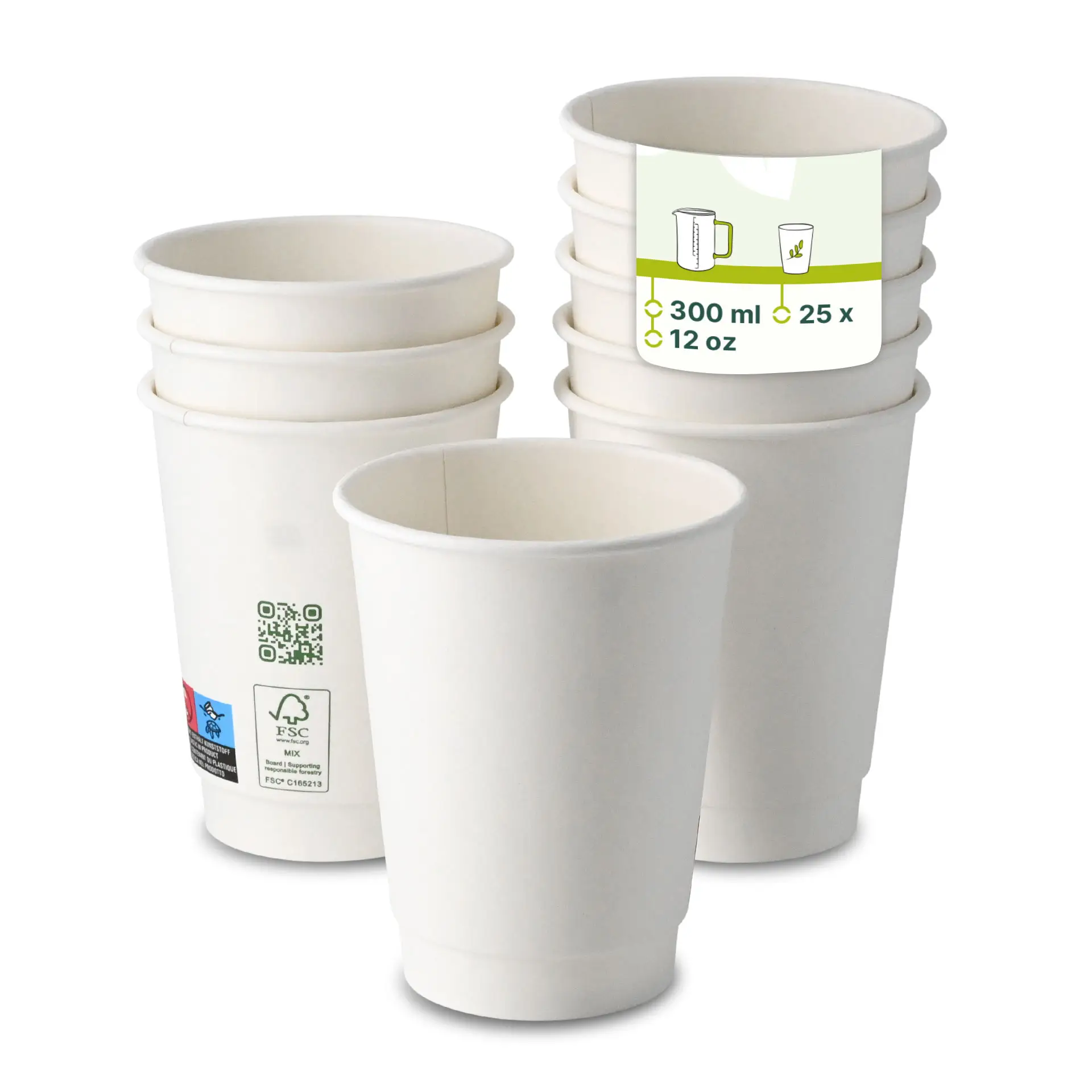Una tazza da caffè bianca a doppia parete in primo piano; diverse tazze simili sullo sfondo con opacità ridotta. Rivestimento in PLA, adatta per bevande calde e fredde.