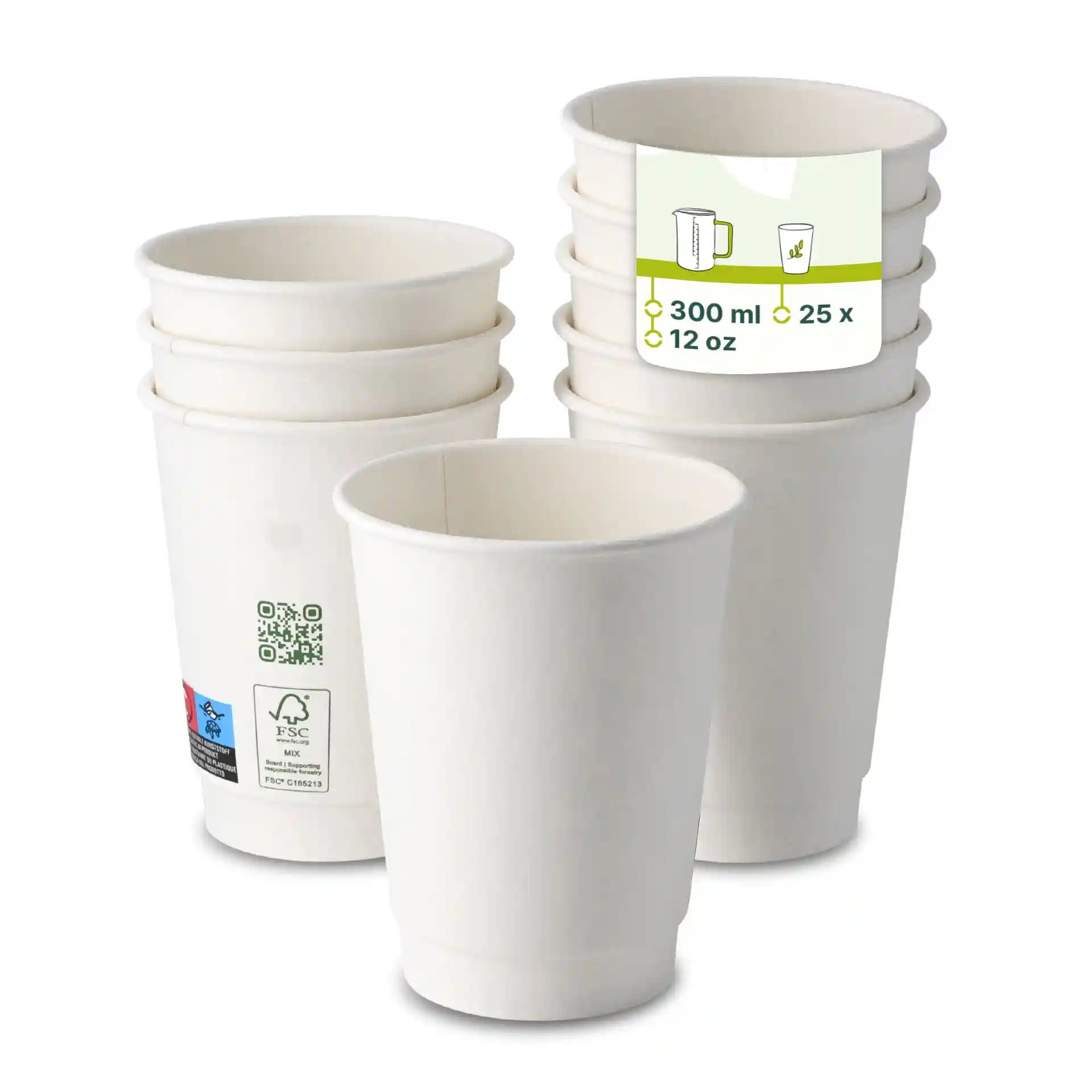 Tazza da caffè bianca a doppia parete, 300 ml, 12 oz, con diverse tazze impilate e un'etichetta con le misure.